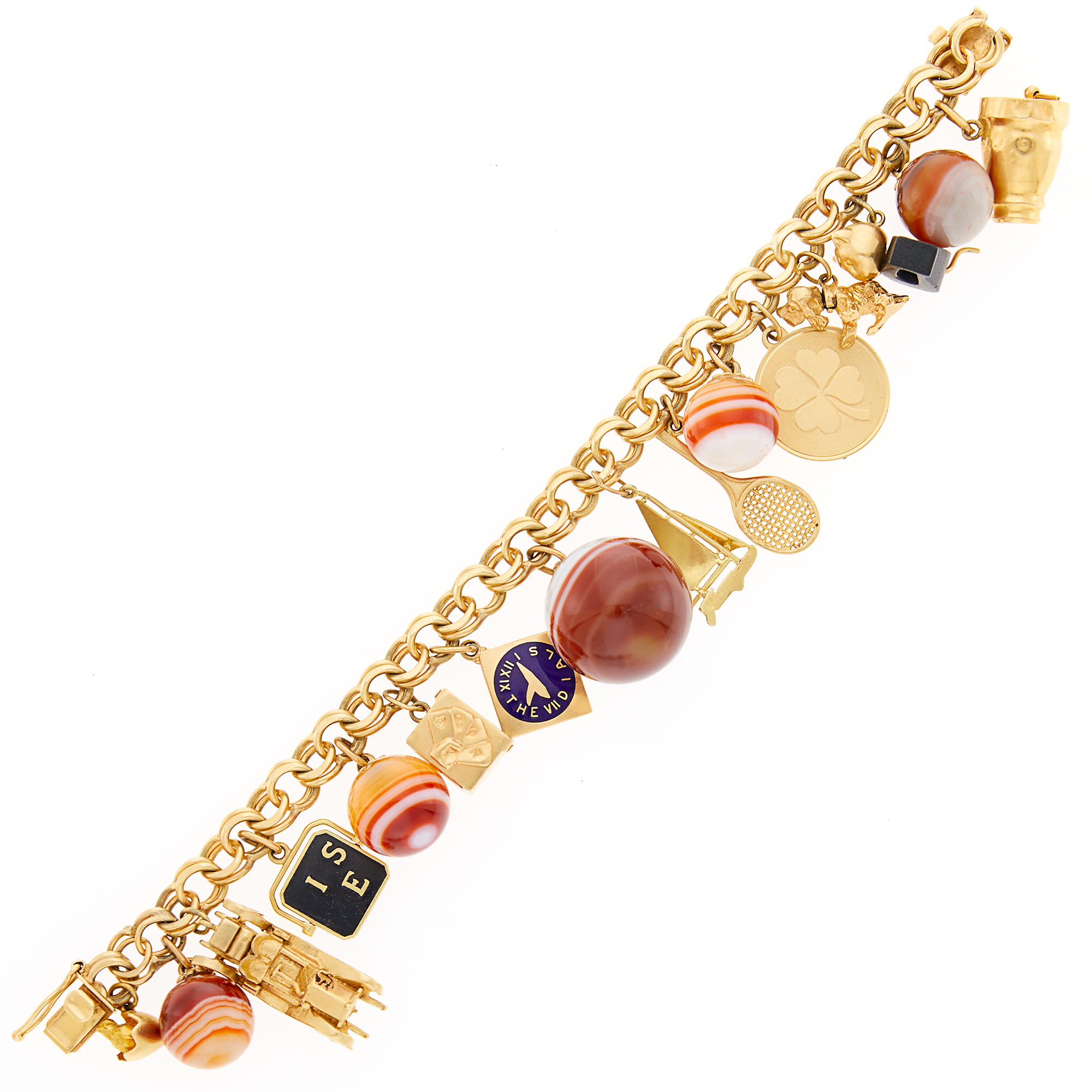 Lot image - Gold, Banded Agate and Enamel Charm Bracelet