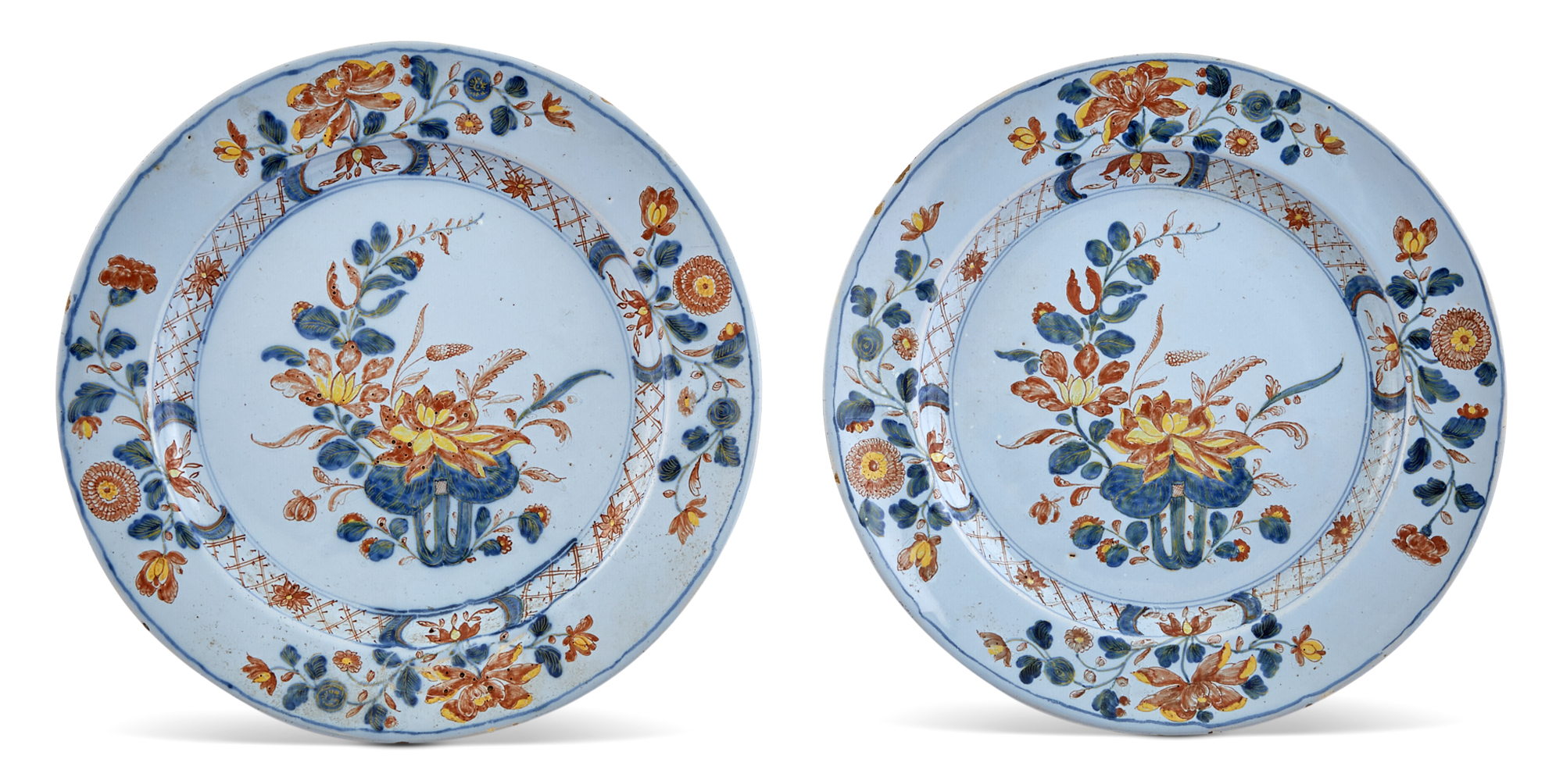 Lot image - Pair of English Polychrome Decorated Delftware Plates