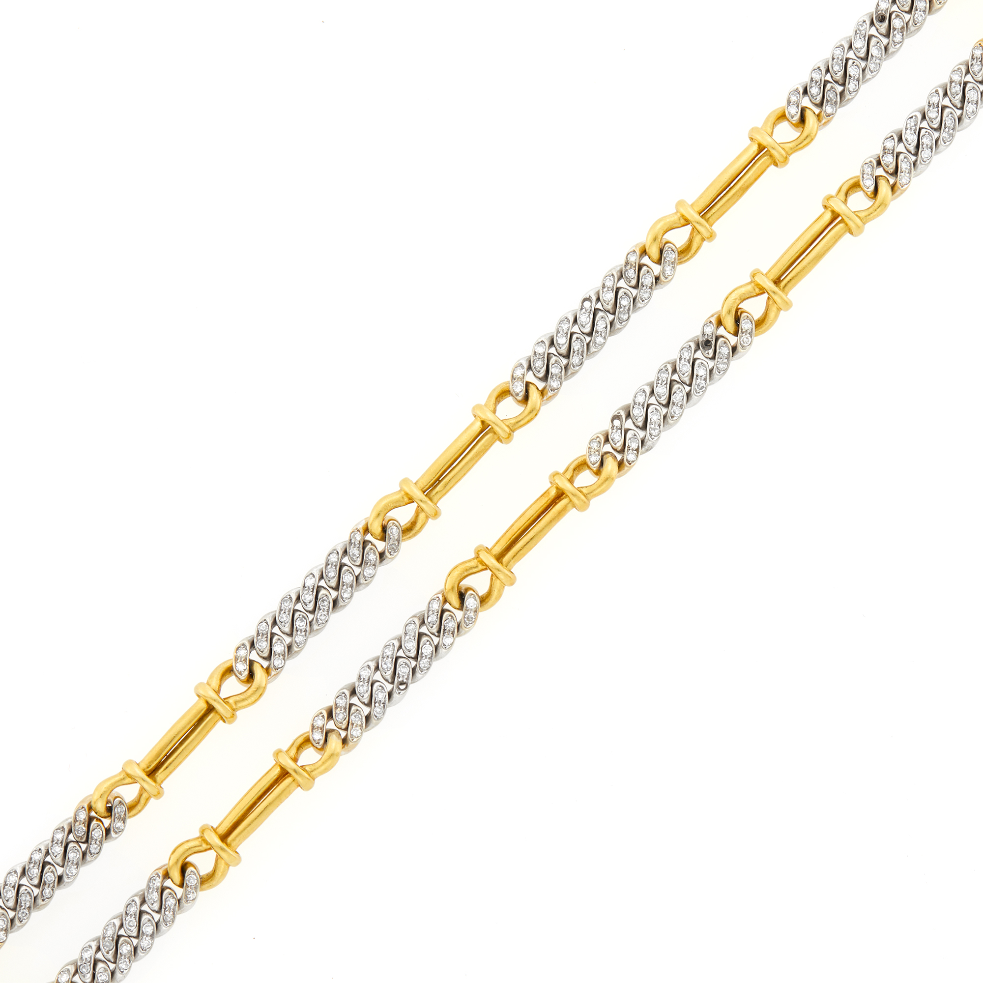 Lot image - Pair of Two-Color Gold and Diamond Curb Link Bracelets