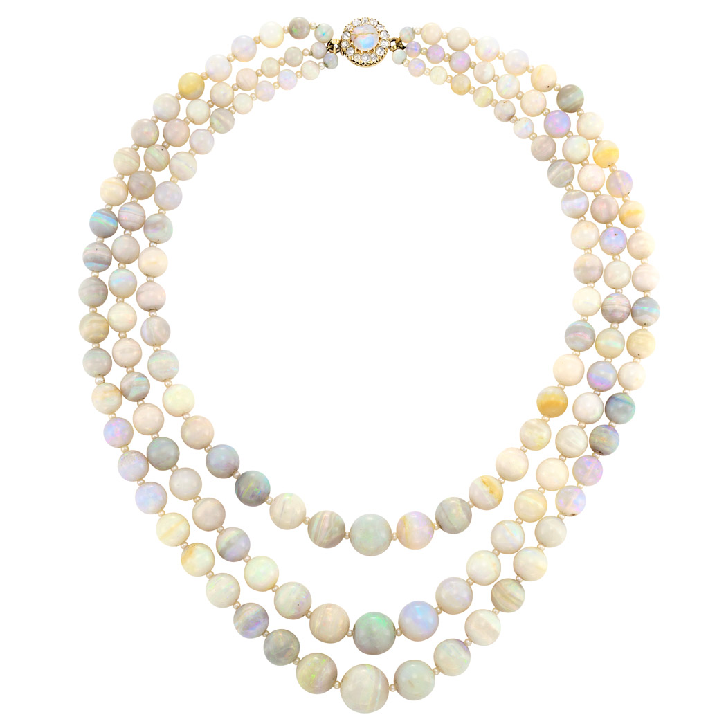 Lot image - Triple Strand Opal Bead and Seed Pearl Necklace with Gold, Opal and Diamond Clasp