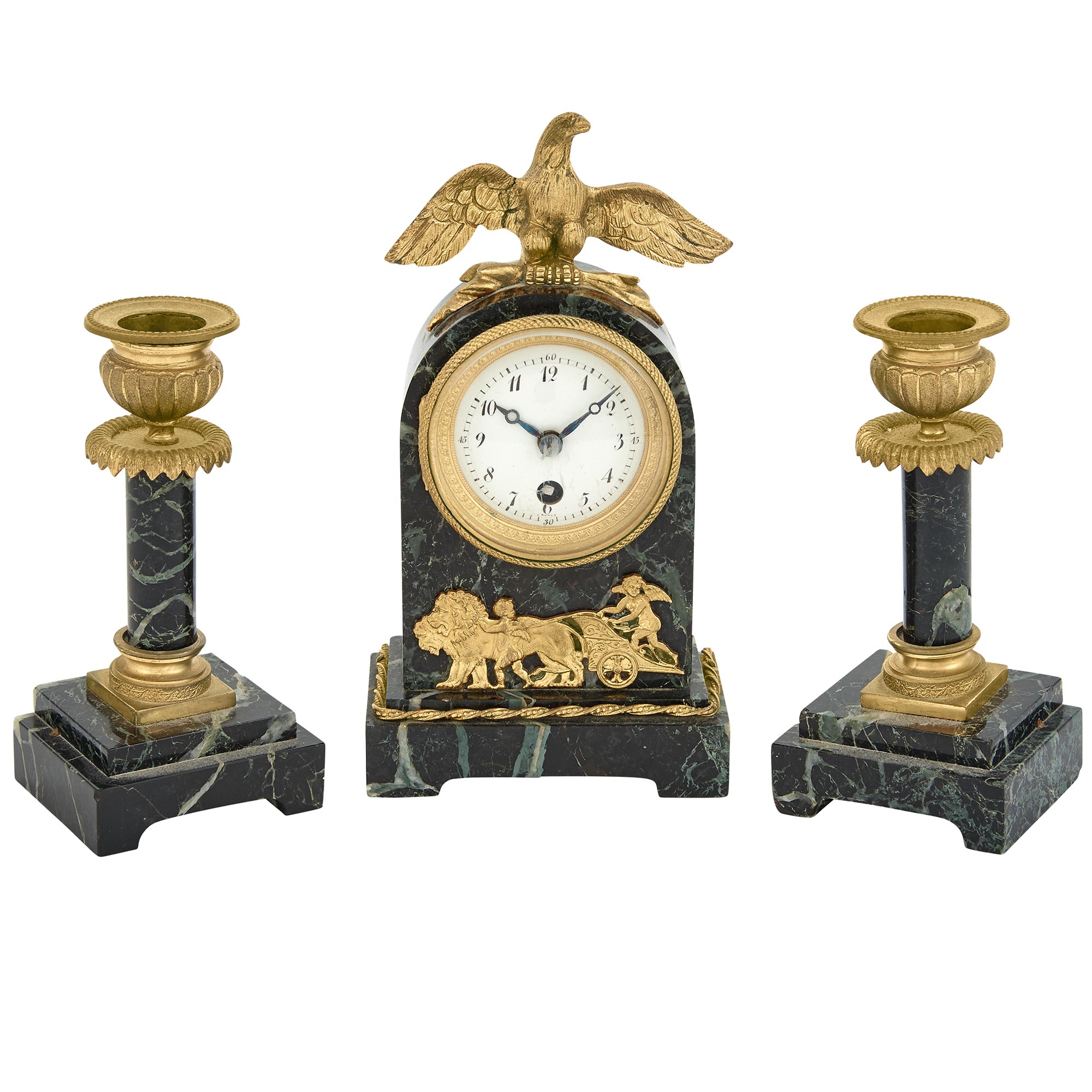 Lot image - Empire Style Gilt-Metal Mounted Small Clock Garniture