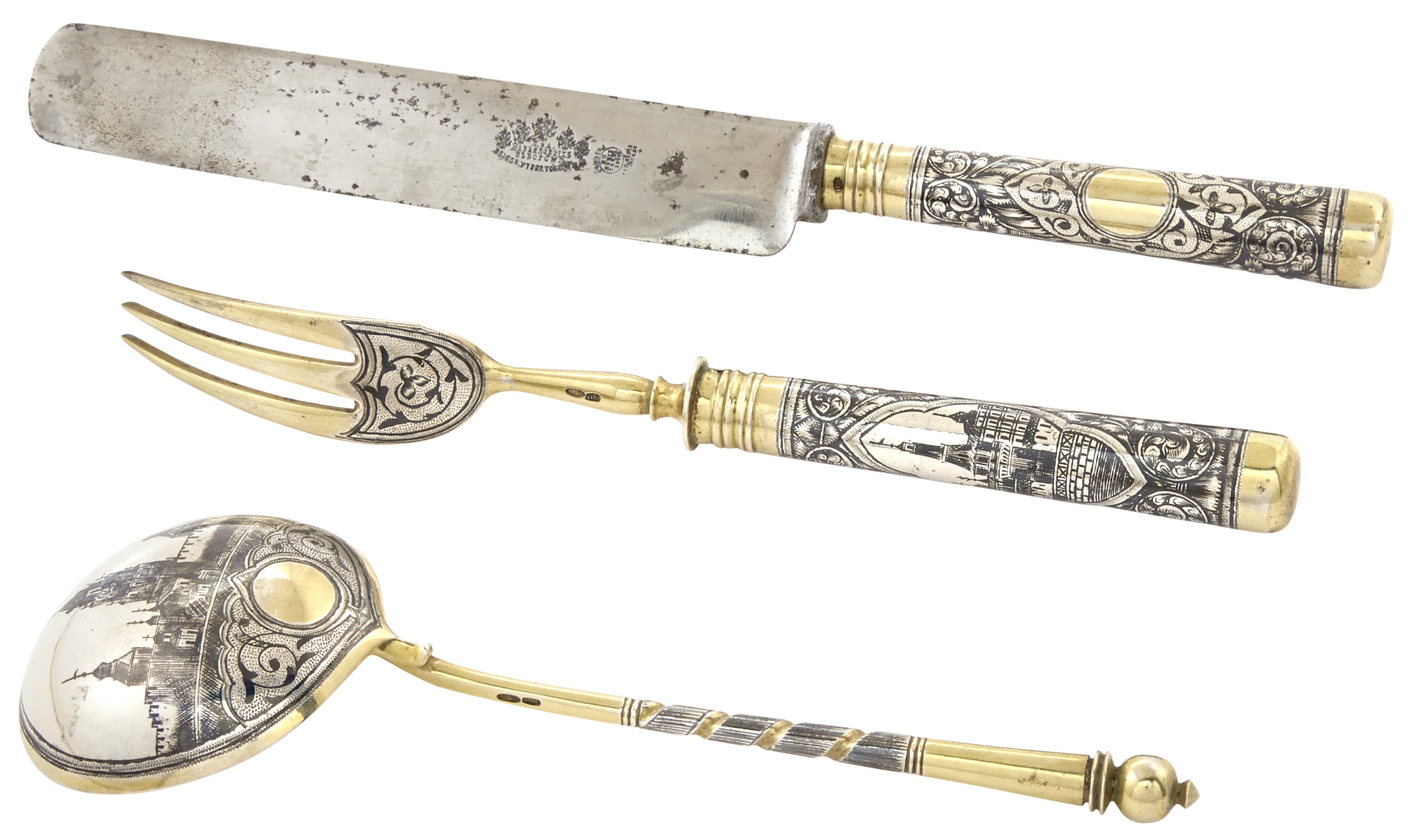 Lot image - Russian Silver-Gilt and Niello Place Setting