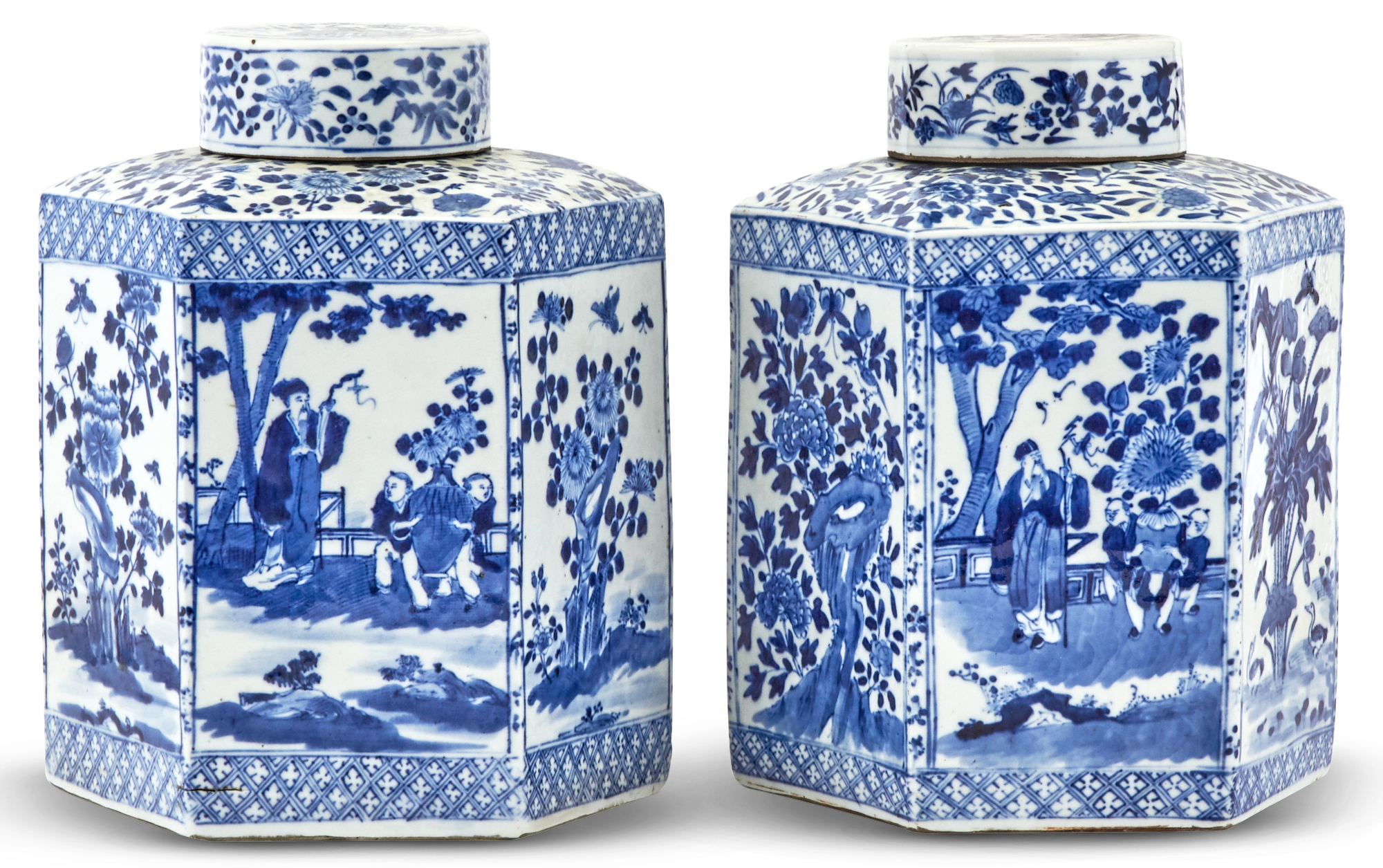 Lot image - A Pair of Chinese Octagonal Blue and White Porcelain Jars and Covers