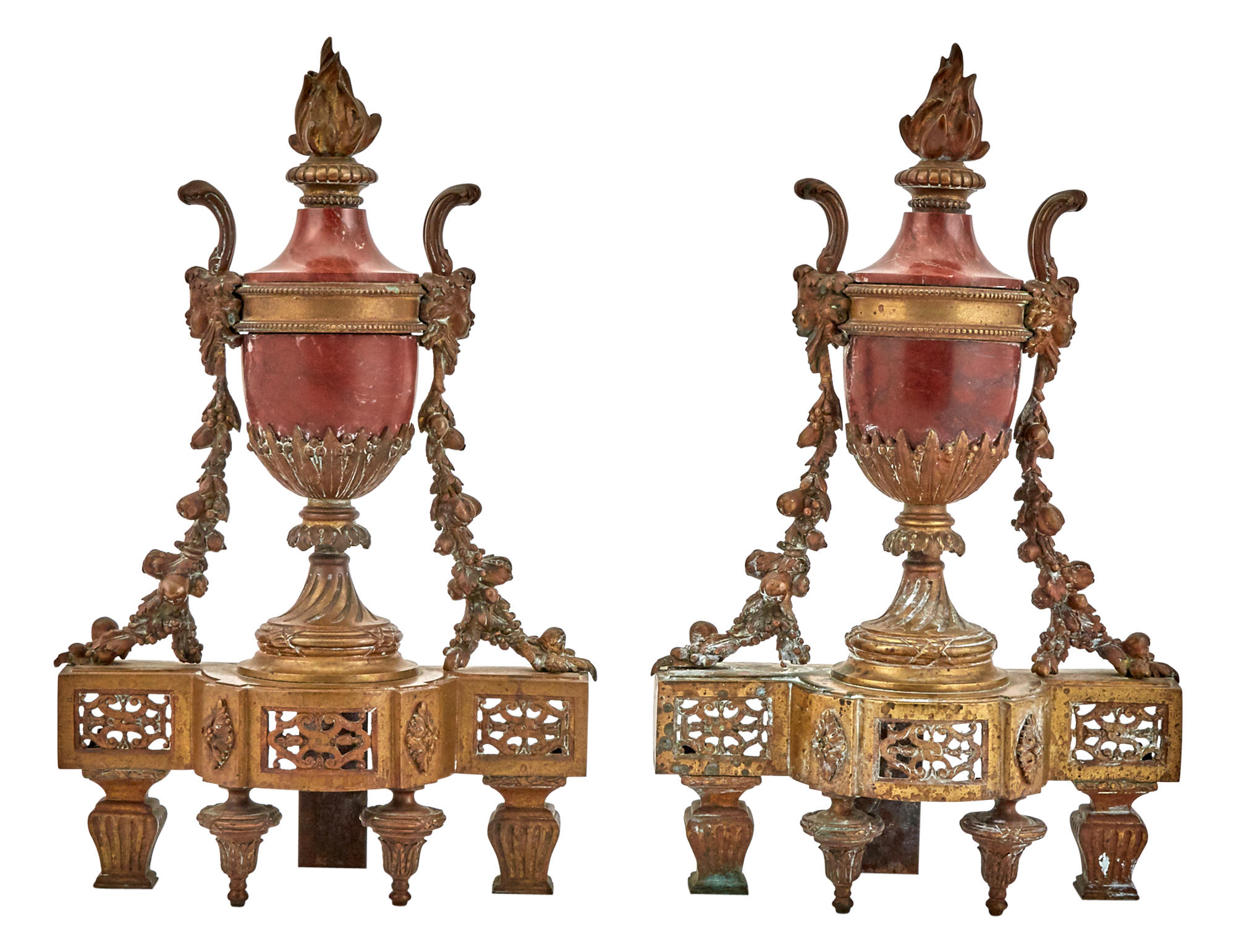 Lot image - Pair of Louis XVI Style Gilt-Metal and Rouge Marble Chenets