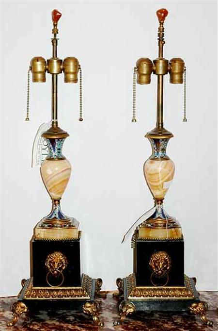 Lot image - Pair of Neoclassical Style Gilt and Black Painted Metal, Onyx and Cloisonne Two-Light Lamps