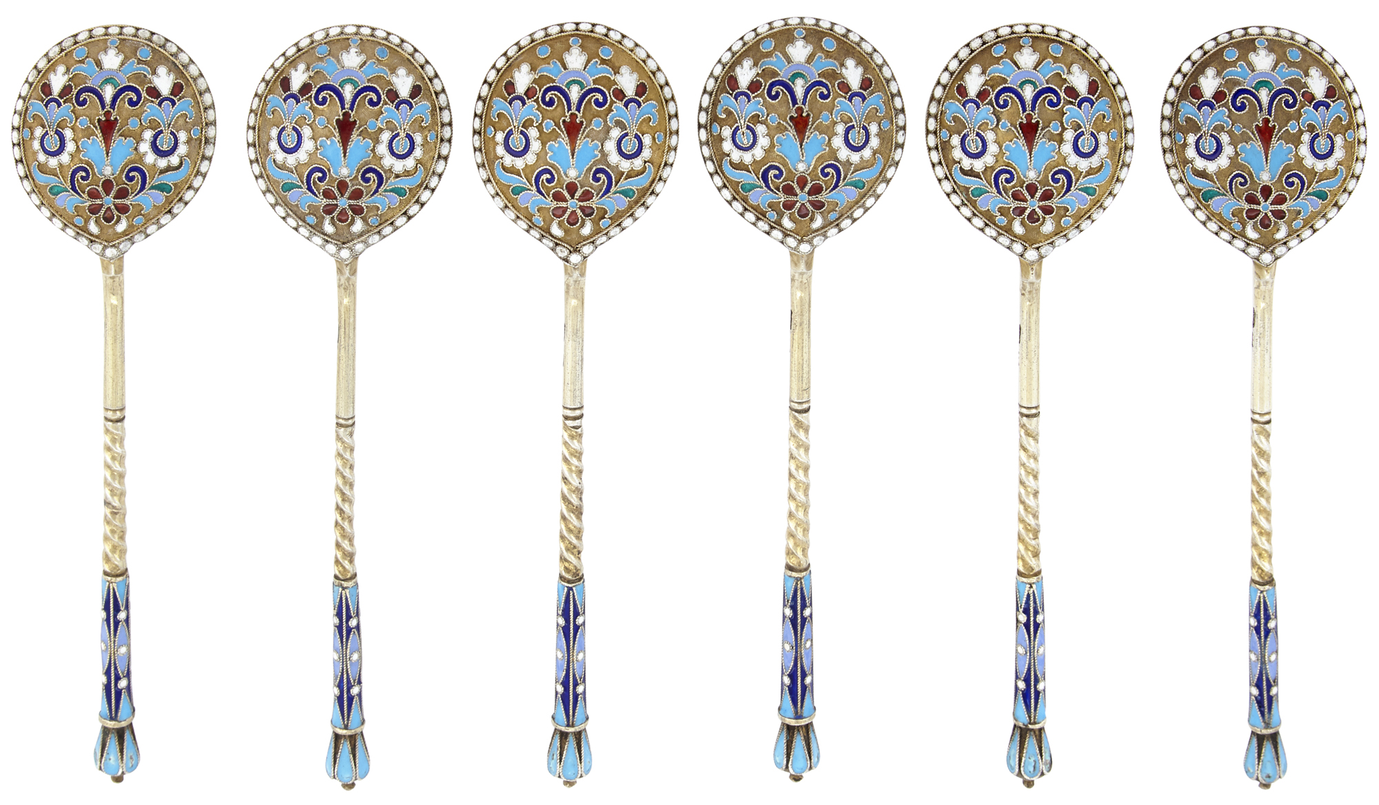 Lot image - Set of Six Russian Silver-Gilt and Cloisonné Teaspoons