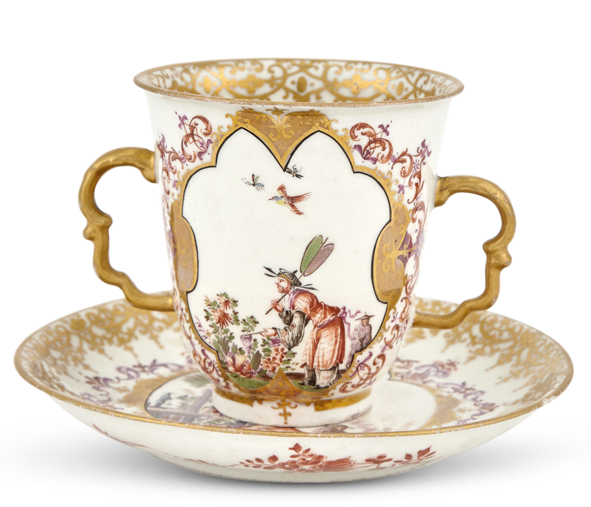 Lot image - Meissen Porcelain Two-Handled Chinoiserie Beaker and a Saucer