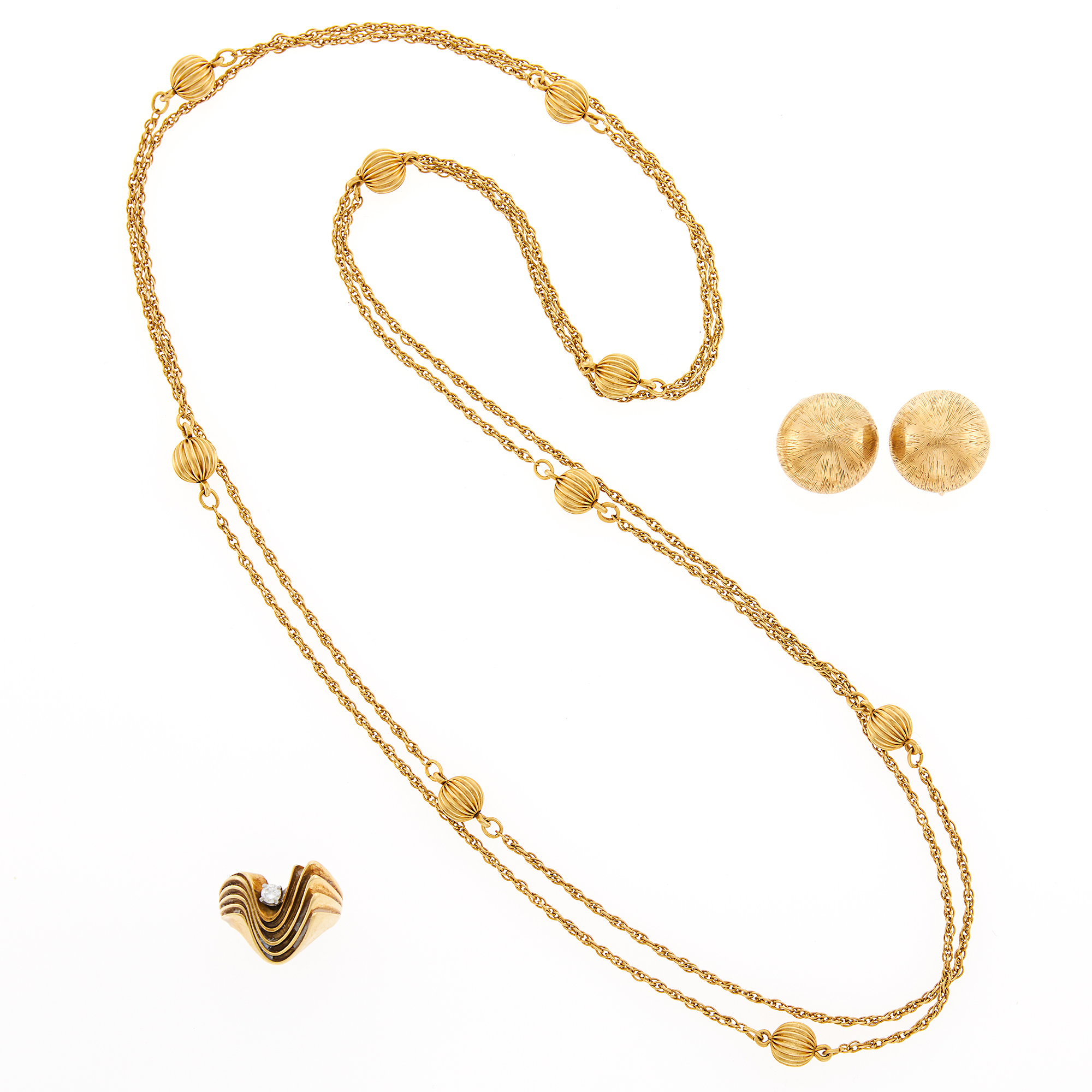 Lot image - Gold and Diamond Ring, Long Gold Chain Necklace and Pair of Earclips