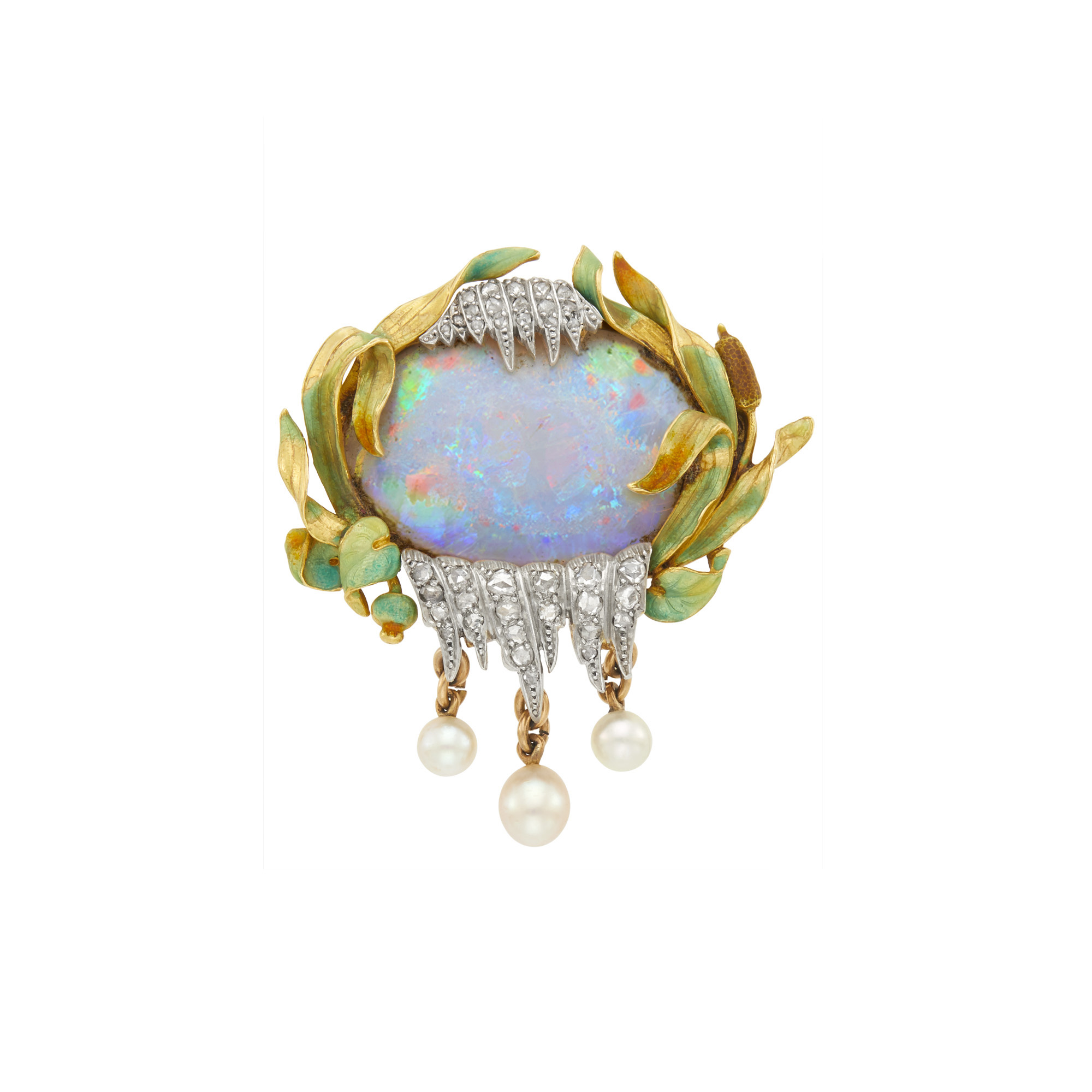 Lot image - Art Nouveau Gold, Platinum, Enamel, Opal, Pearl and Diamond Pendant-Brooch