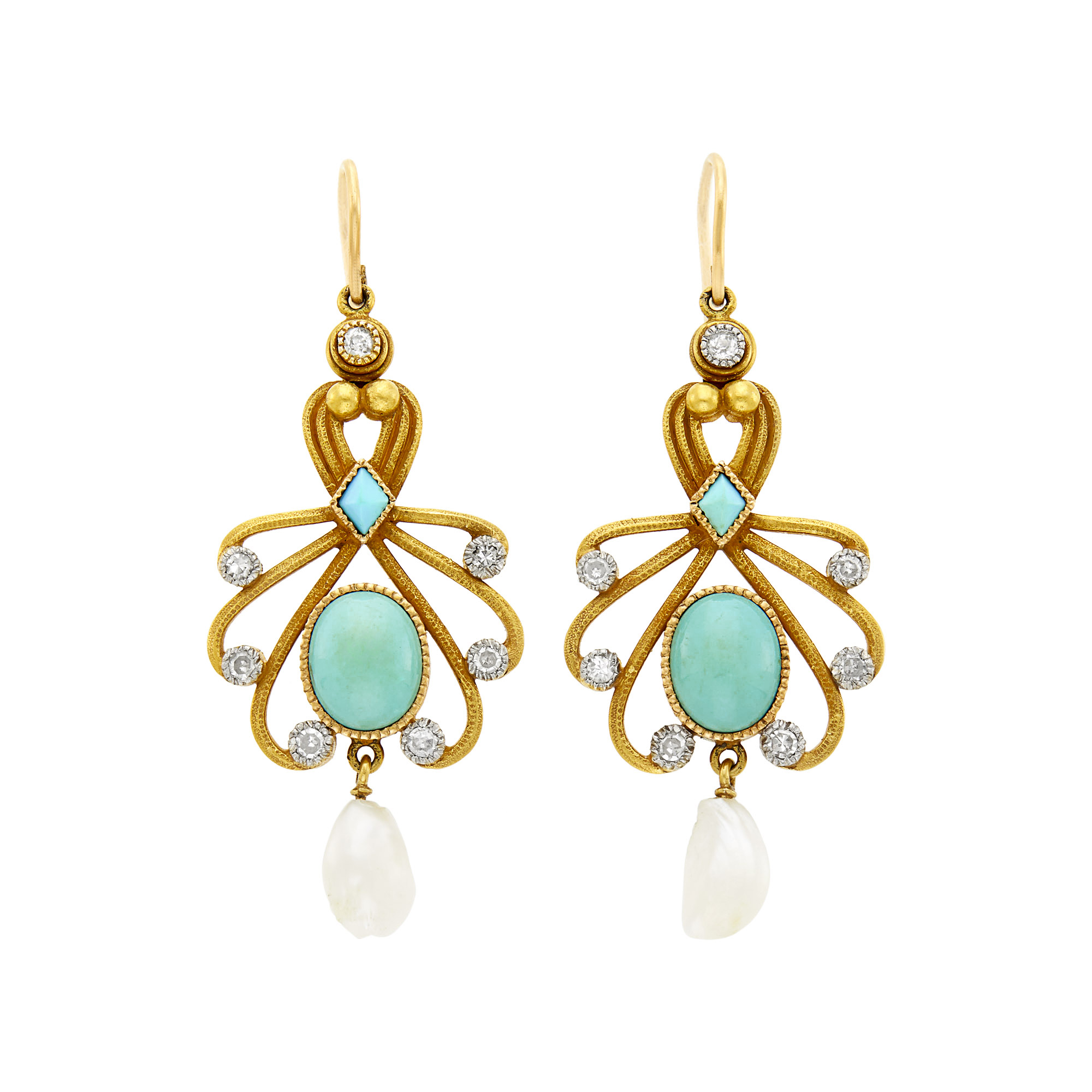 Lot image - Pair of Antique Gold, Platinum, Turquoise, Freshwater Pearl and Diamond Pendant-Earrings