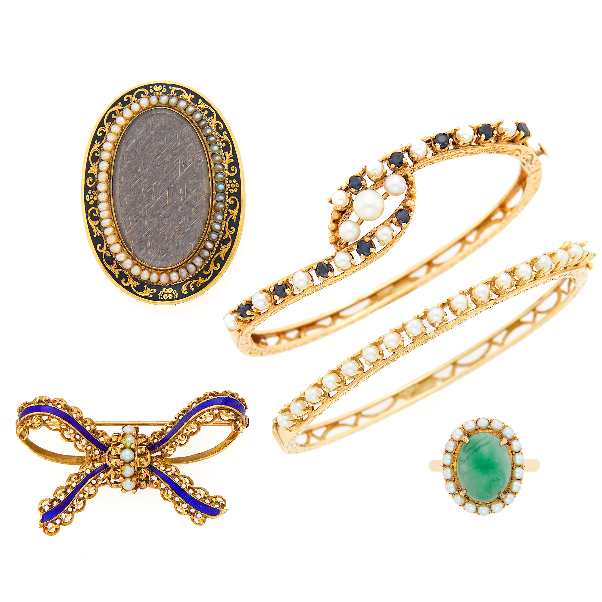 Lot image - Group of Gold, Cultured and Split Pearl, Enamel, Jade and Mourning Jewelry