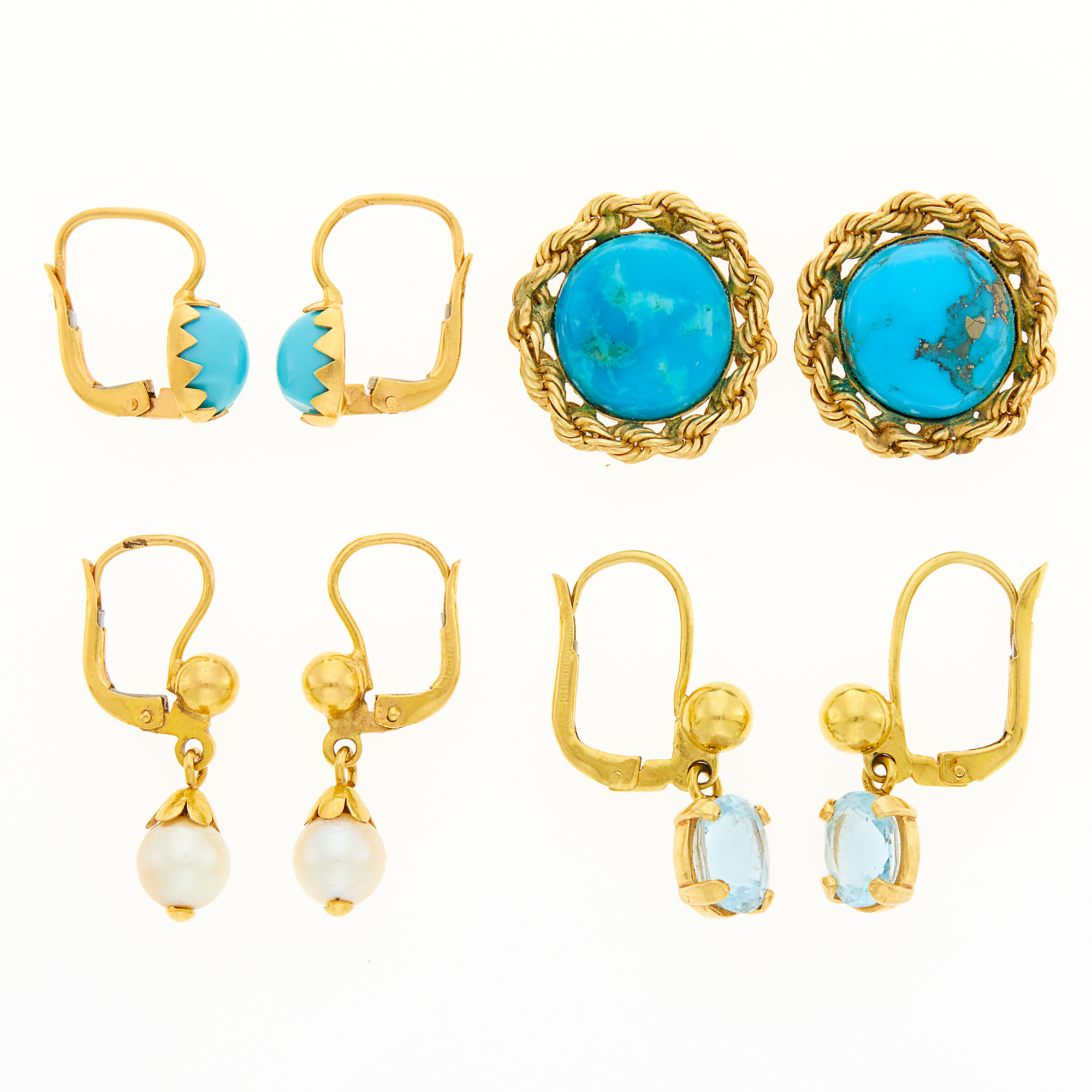 Lot image - Four Pairs of Gold, Turquoise, Cultured Pearl and Blue Topaz Earrings