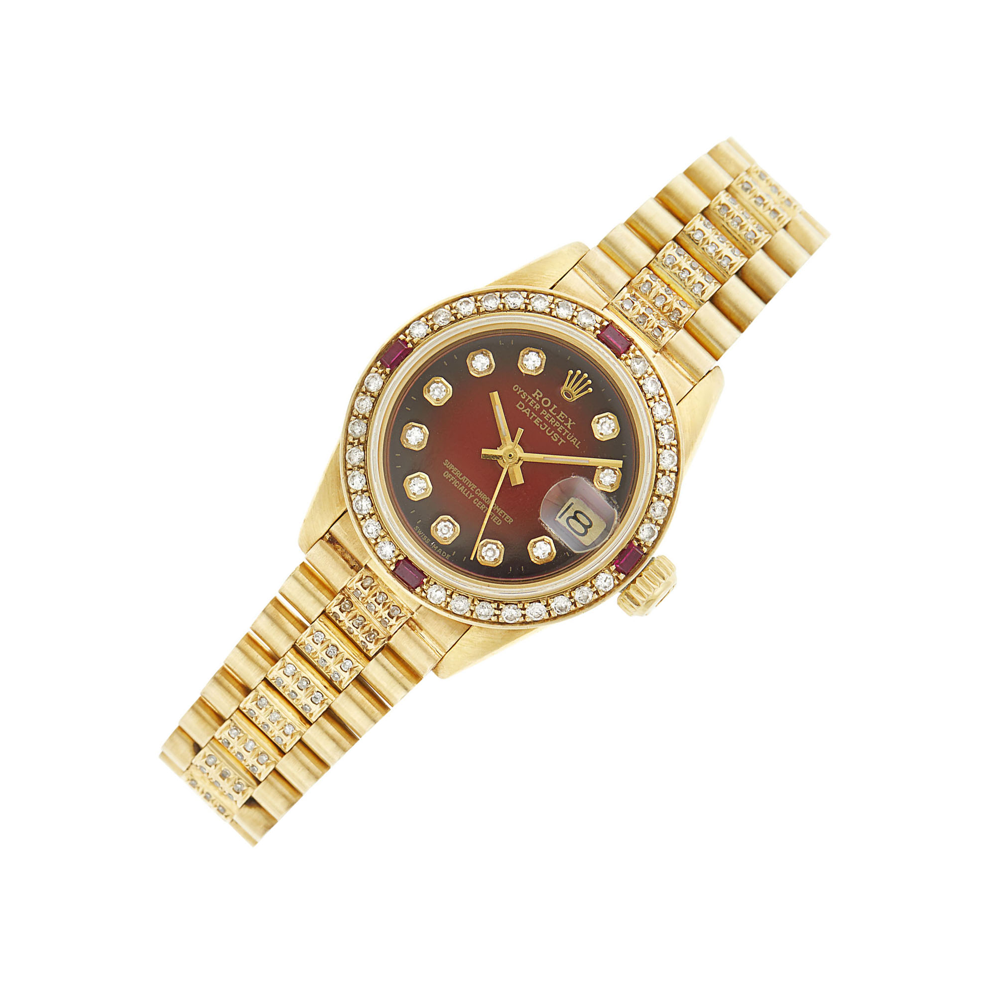 Lot image - Rolex Gold, Ruby and Diamond Oyster Perpetual Datejust Wristwatch, Ref. 6927