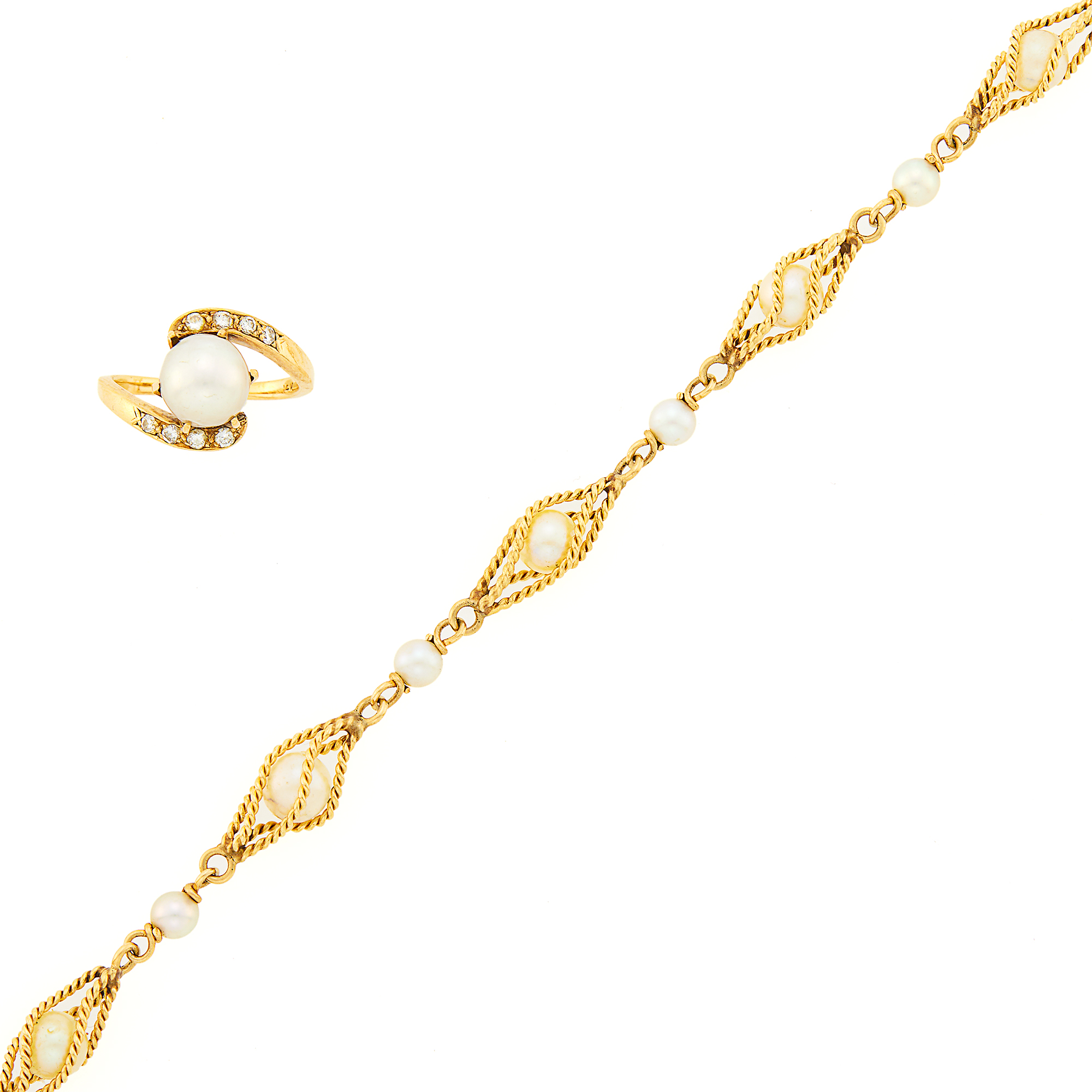 Lot image - Gold and Cultured Pearl Bracelet and Cultured Pearl and Diamond Ring