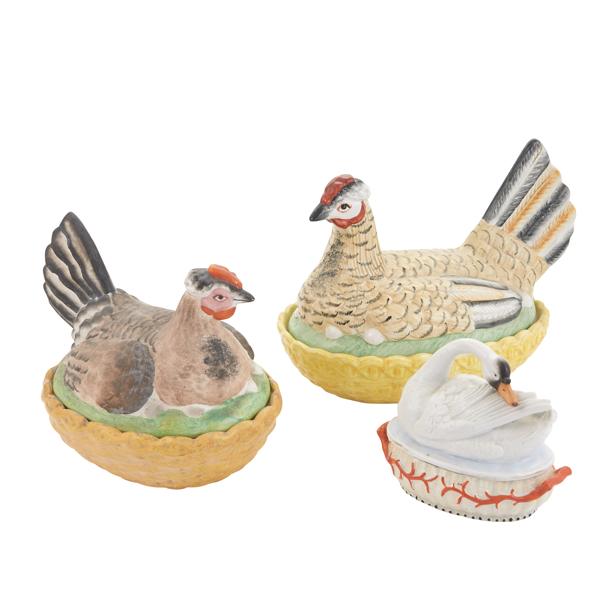 Lot image - Two Ceramic Nesting Hen Covered Dishes; Together with a Porcelain Nesting Swan Covered Dish