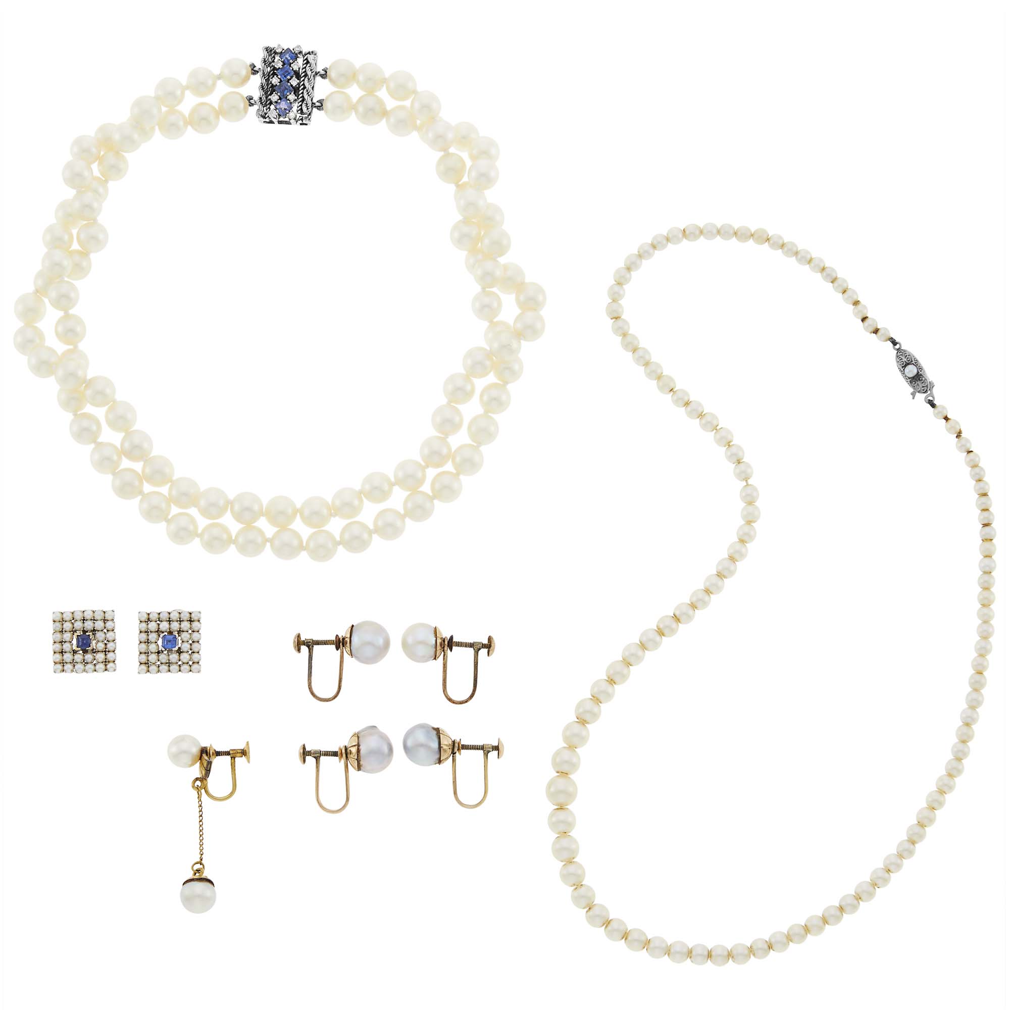 Lot image - Two Cultured Pearl Necklaces, Three Pairs of Earclips and Single Earclip