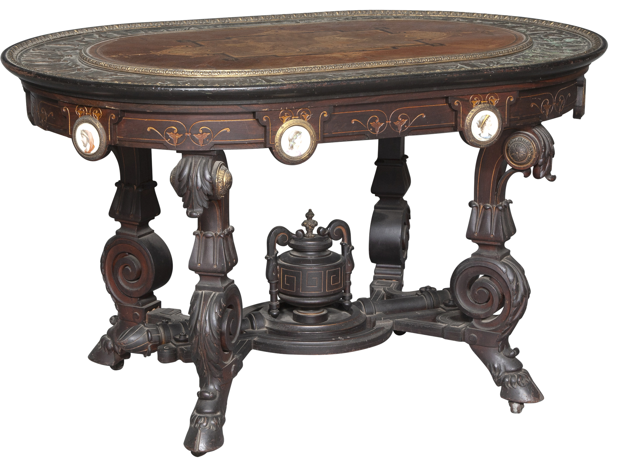 Lot image - Renaissance Revival Carved and Parcel Gilt Rosewood and Repousse Copper Center Table