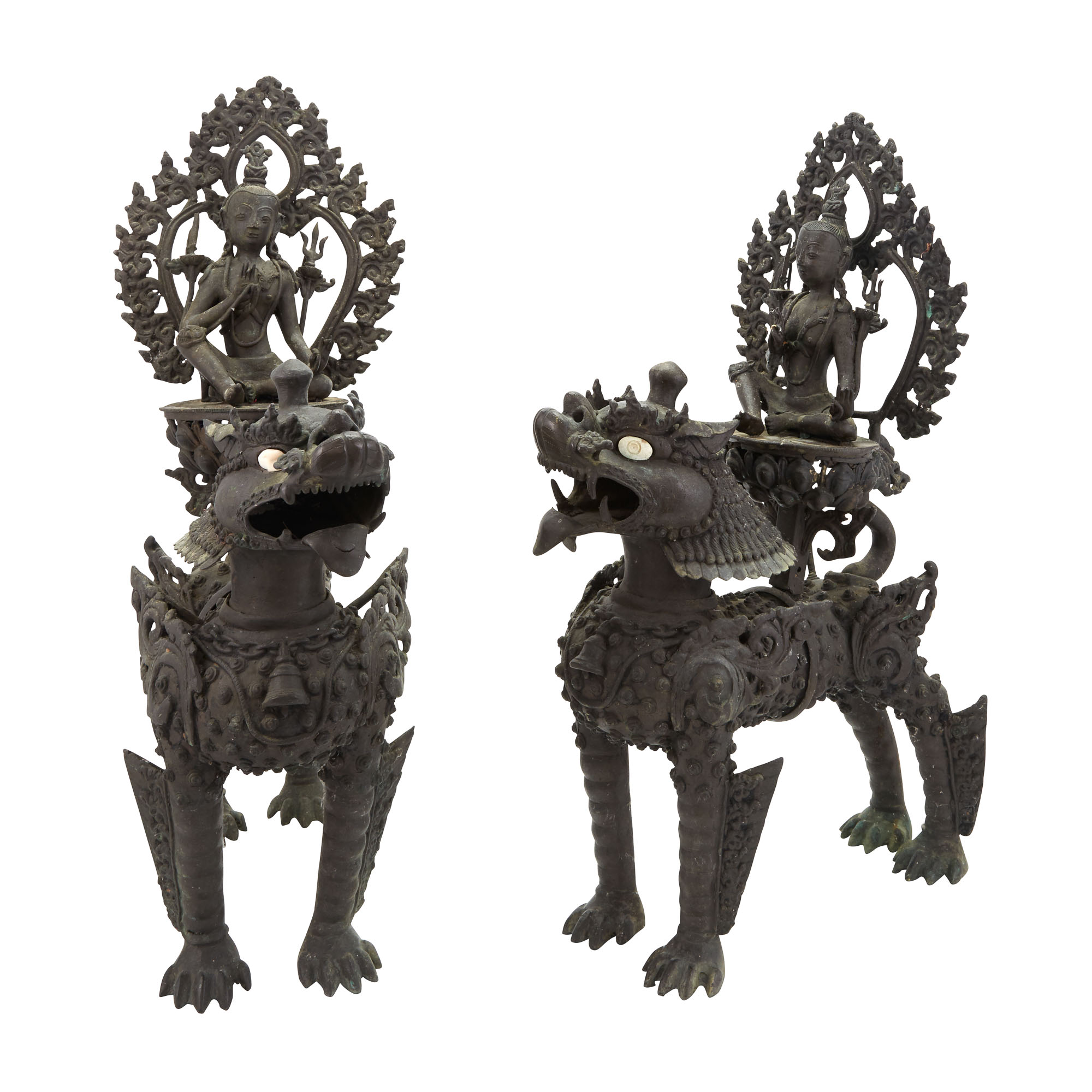 Lot image - Pair of Asian Patinated Metal Figures of Deities on Beasts