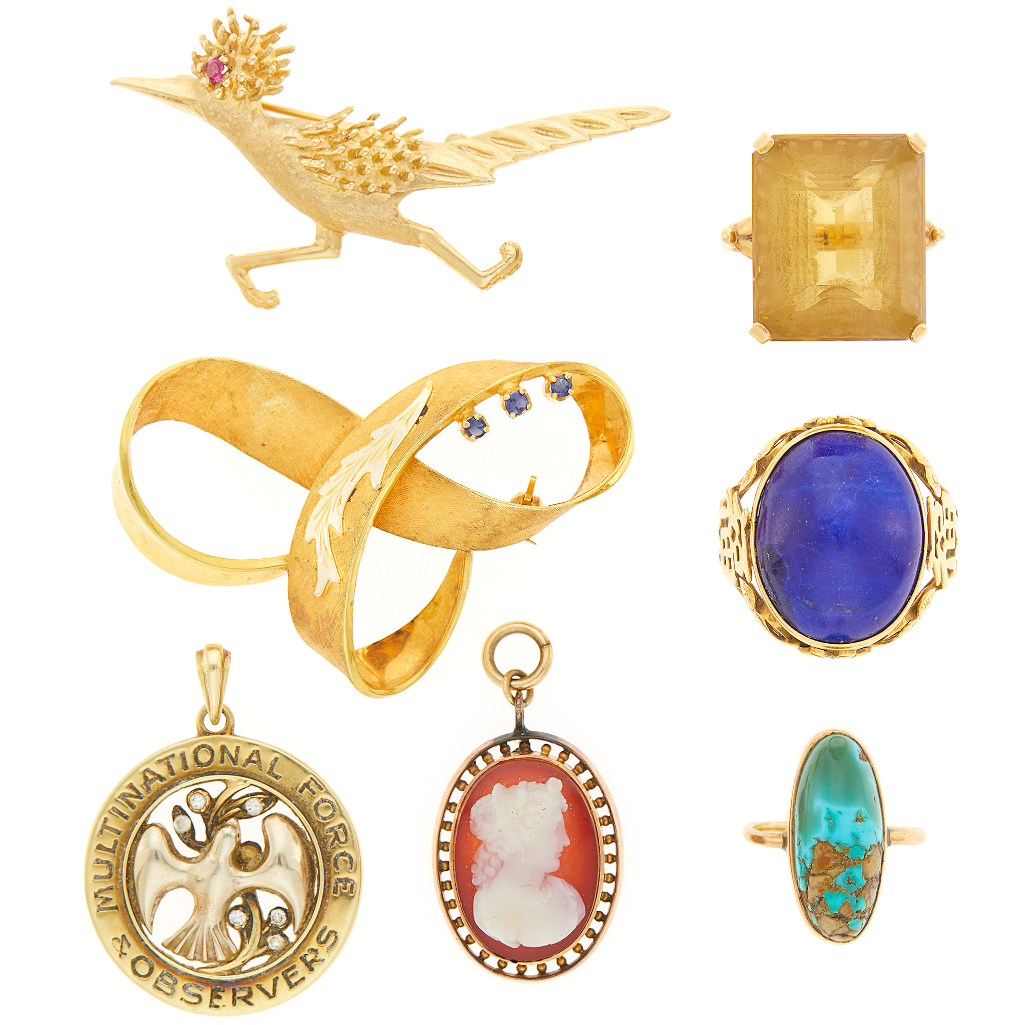 Lot image - Two Gold and Gilt-Metal Brooches, Two Pendants and Three Gem-Set Rings