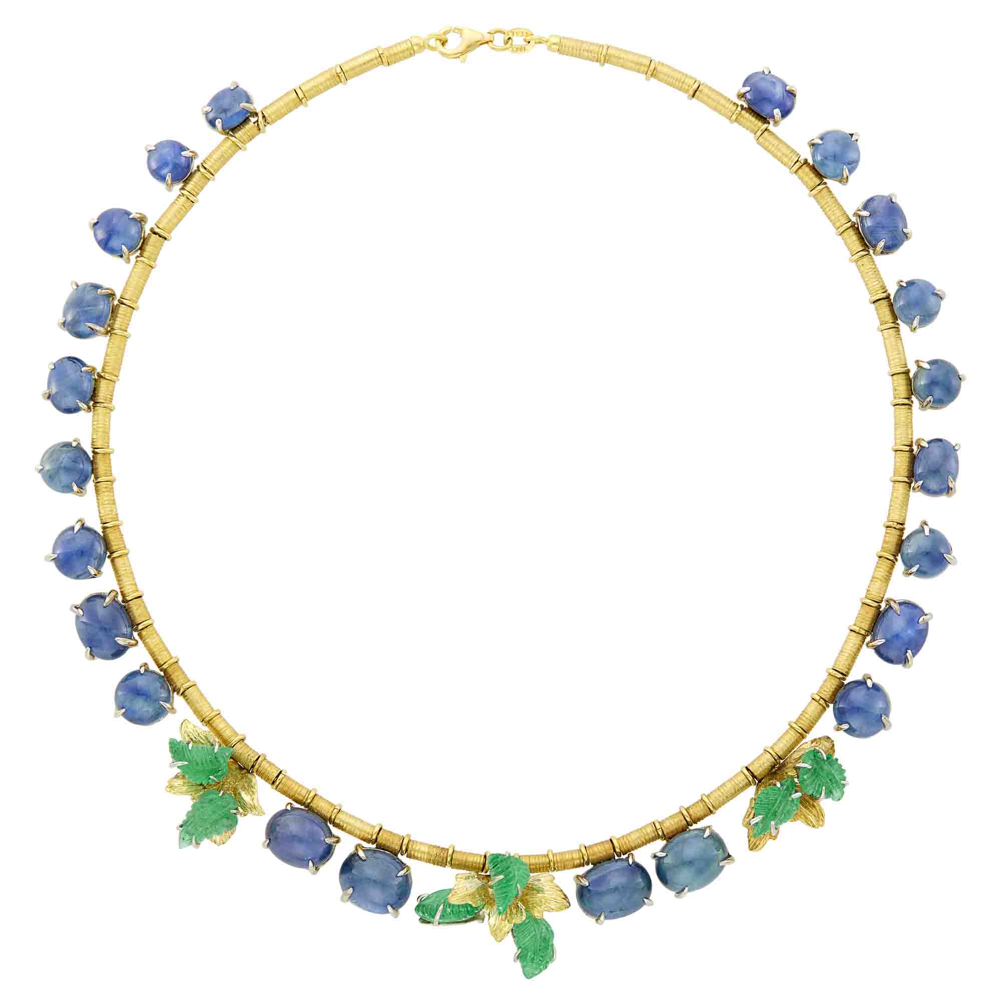 Lot image - Two-Color Gold, Cabochon Sapphire and Carved Emerald Fringe Necklace