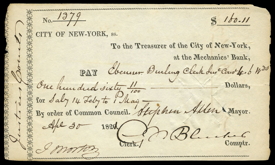 Lot image - New York City 18th Century Treasury Checks