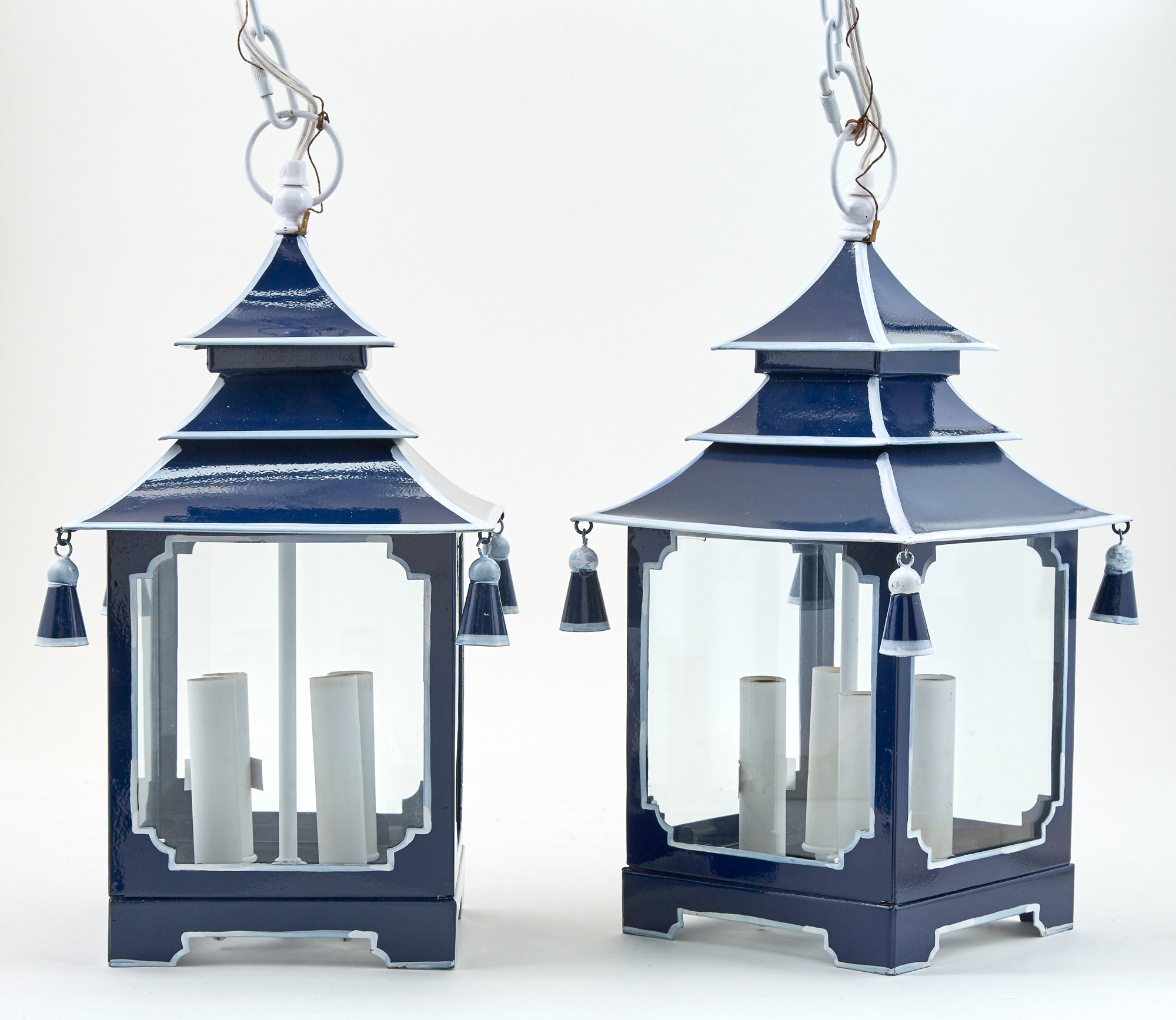 Lot image - Pair of Chinese Pagoda Form Painted Metal Lanterns