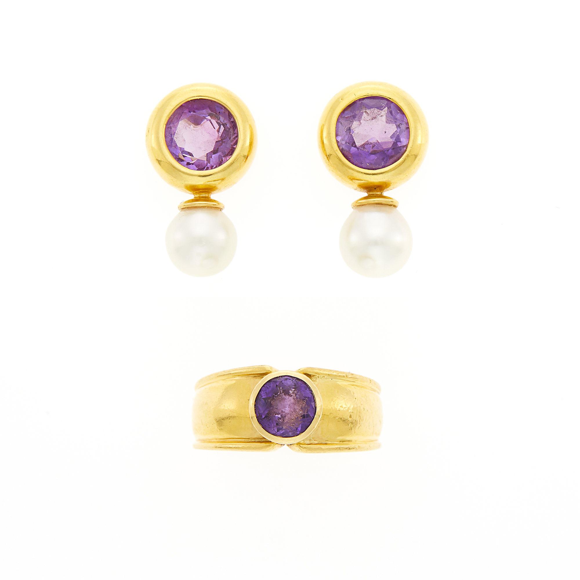 Lot image - Gold and Amethyst Ring and Pair of Amethyst and Cultured Pearl Earrings