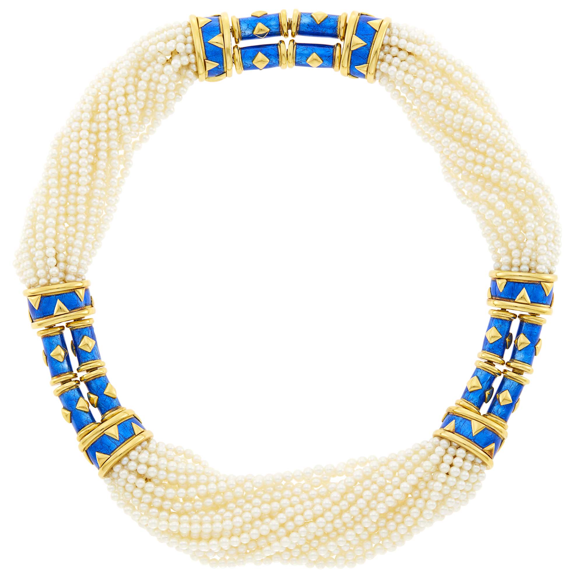 Lot image - Tiffany & Co., Schlumberger Multistrand Cultured Pearl, Gold and Blue Paillonné Enamel Torsade Necklace, France