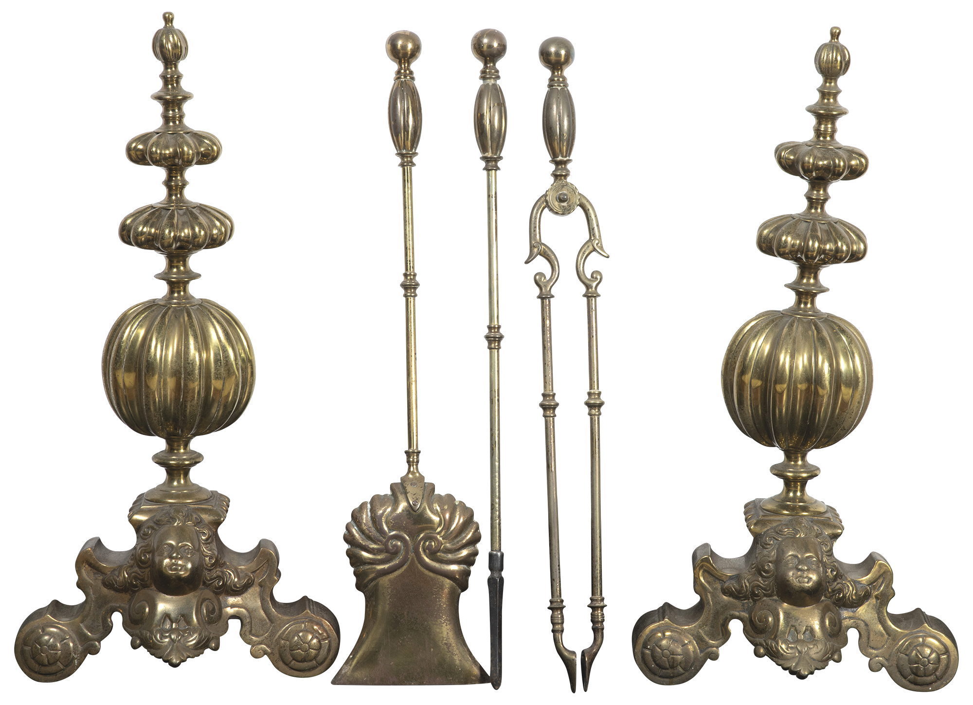 Lot image - Pair of Baroque Style Brass Andirons
