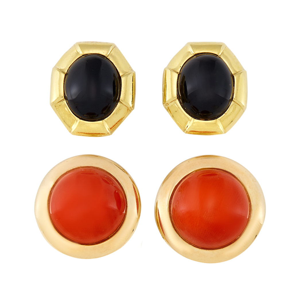 Lot image - Two Pairs of Gold, Black Onyx and Coral Earclips