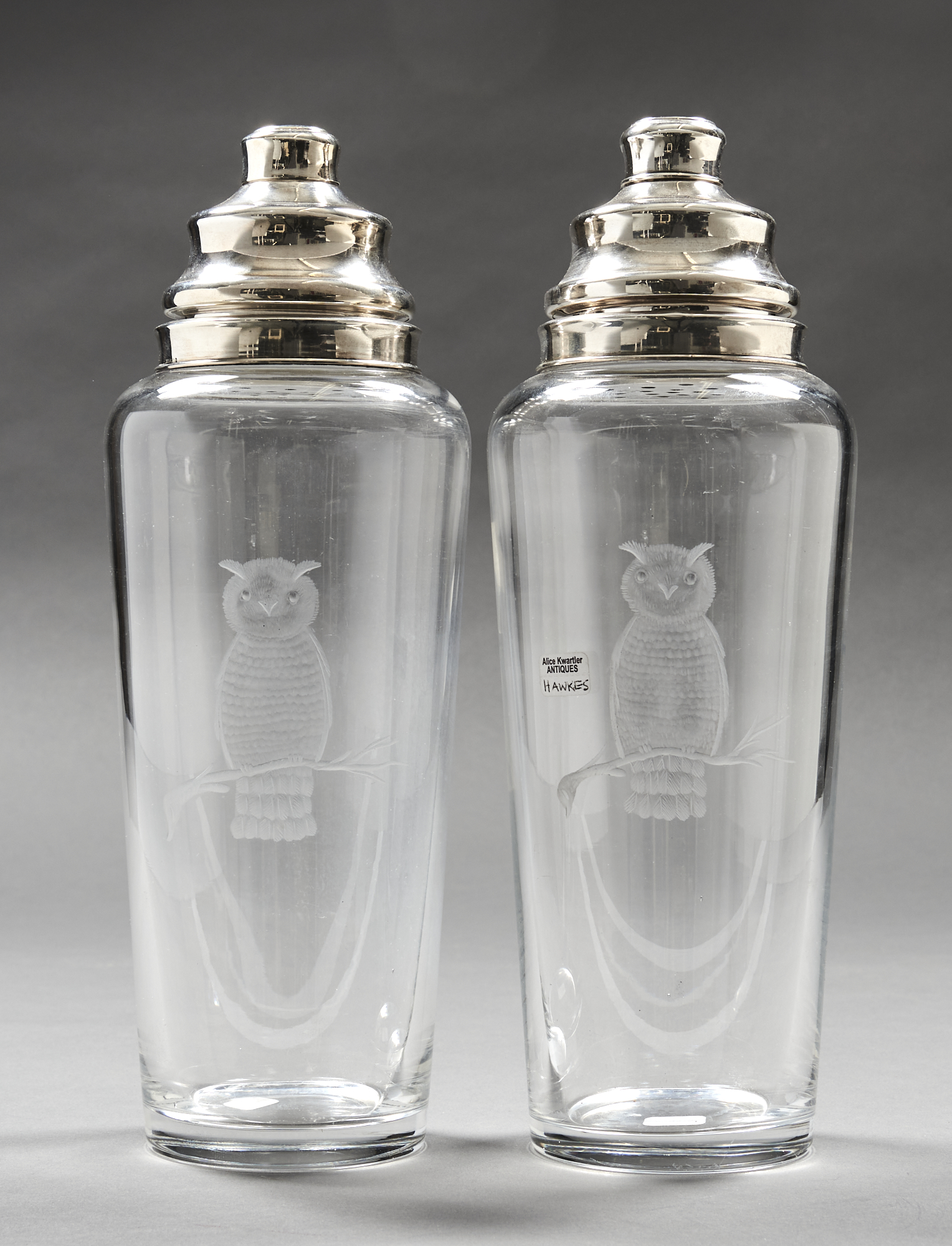 Lot image - Pair of Hawkes Sterling Silver Mounted Etched Glass Cocktail Shakers