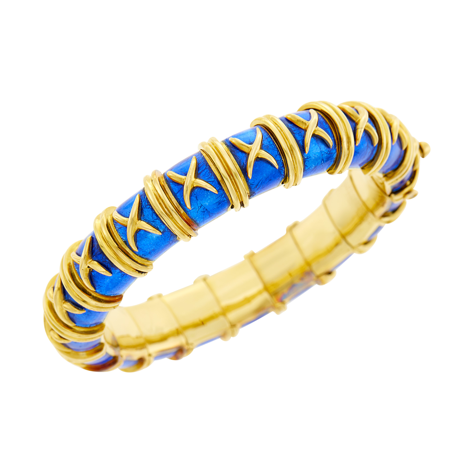 Lot image - Tiffany & Co., Schlumberger Gold and Blue Paillonné Enamel Croisillon Bangle Bracelet, France