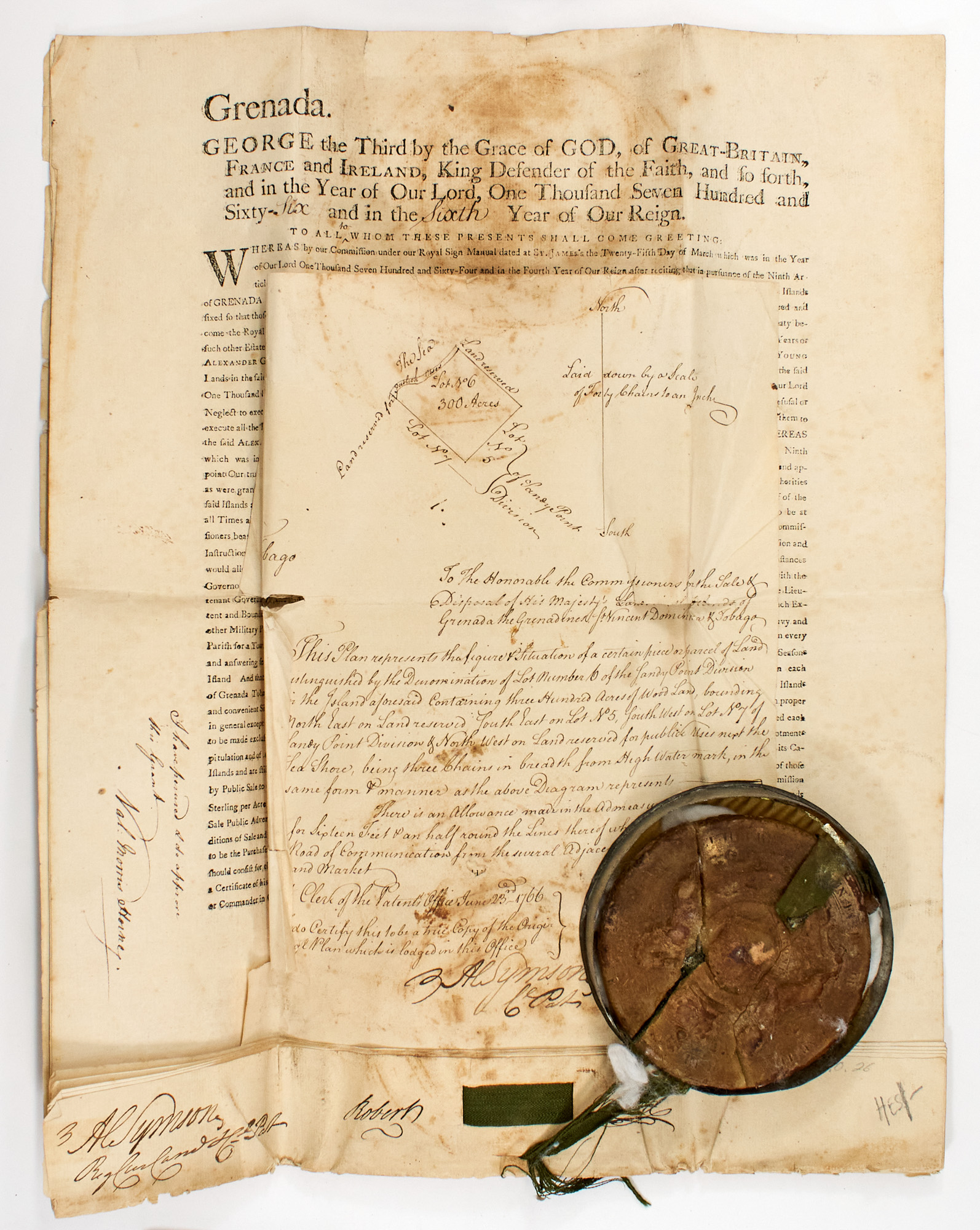 Lot image - [TOBAGO]  An elaborate printed and manuscript document with seal grating three hundred acres to Richard Ottley in Tobago, 1766.