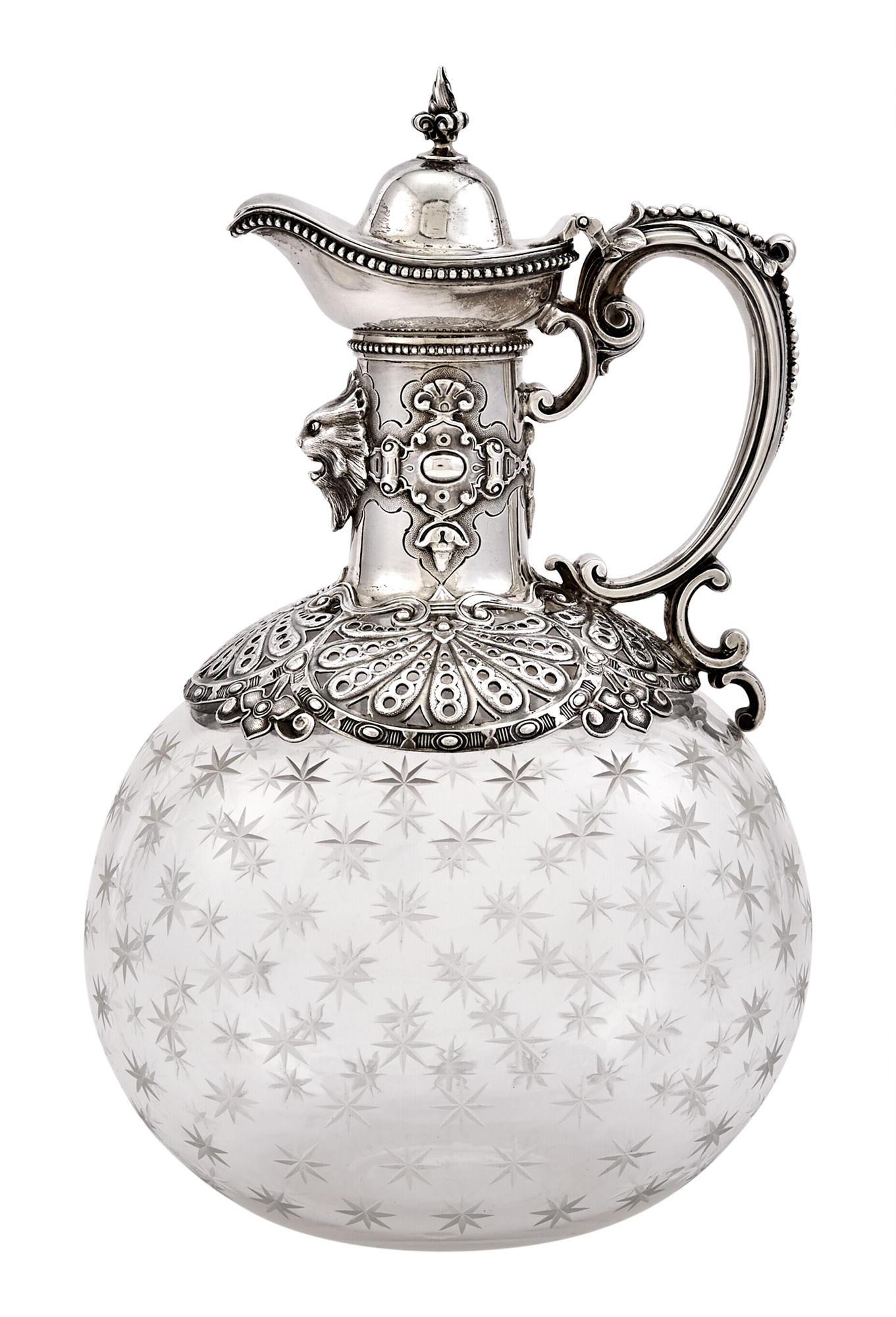 Lot image - Victorian Sterling Silver and Cut Glass Renaissance Style Claret Jug