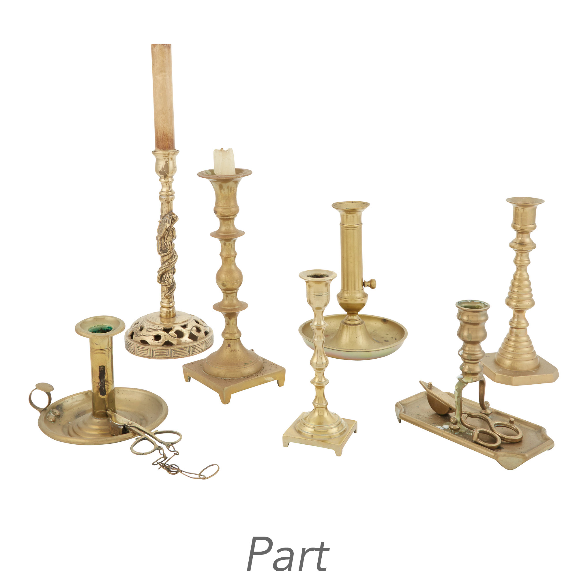 Lot image - Group of Brass Candlesticks, Chambersticks and Candelabra