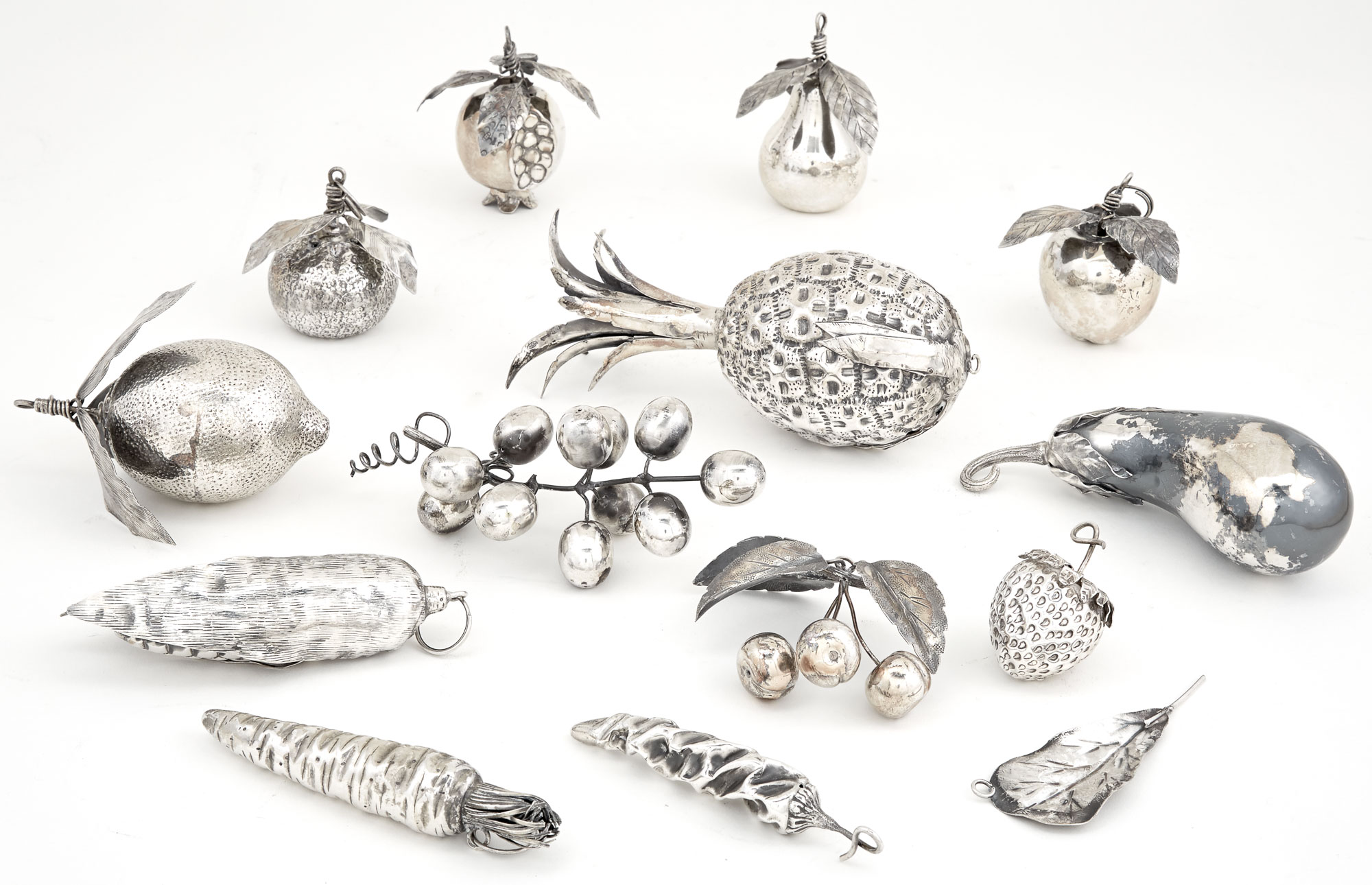 Lot image - Group of Continental Silver Fruit and Vegetable Form Decorations