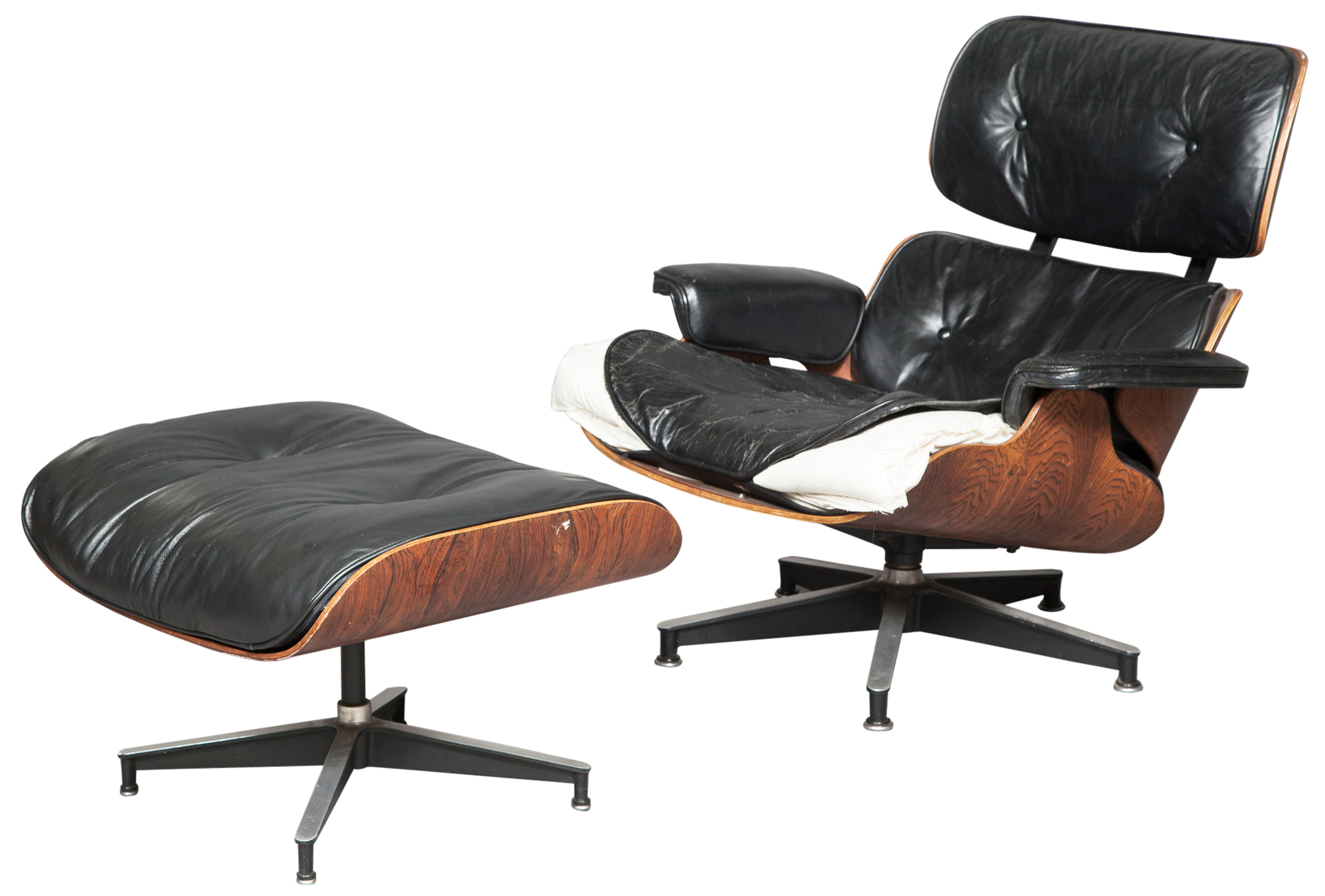 Lot image - Charles and Ray Eames Black Leather Upholstered Rosewood Lounge Chair #670 and Ottoman #671