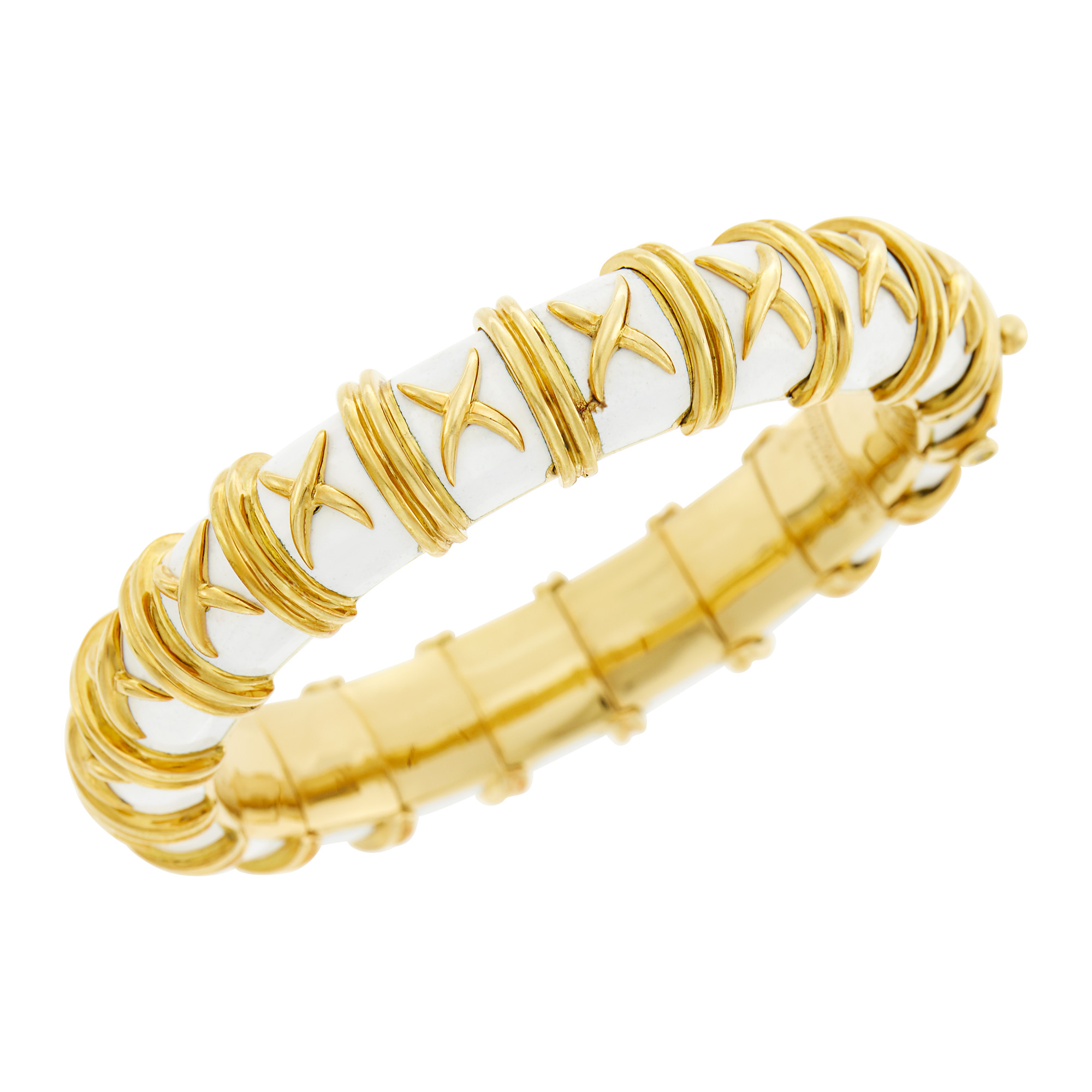 Lot image - Tiffany & Co., Schlumberger Gold and White Enamel Croisillon Bangle Bracelet, France