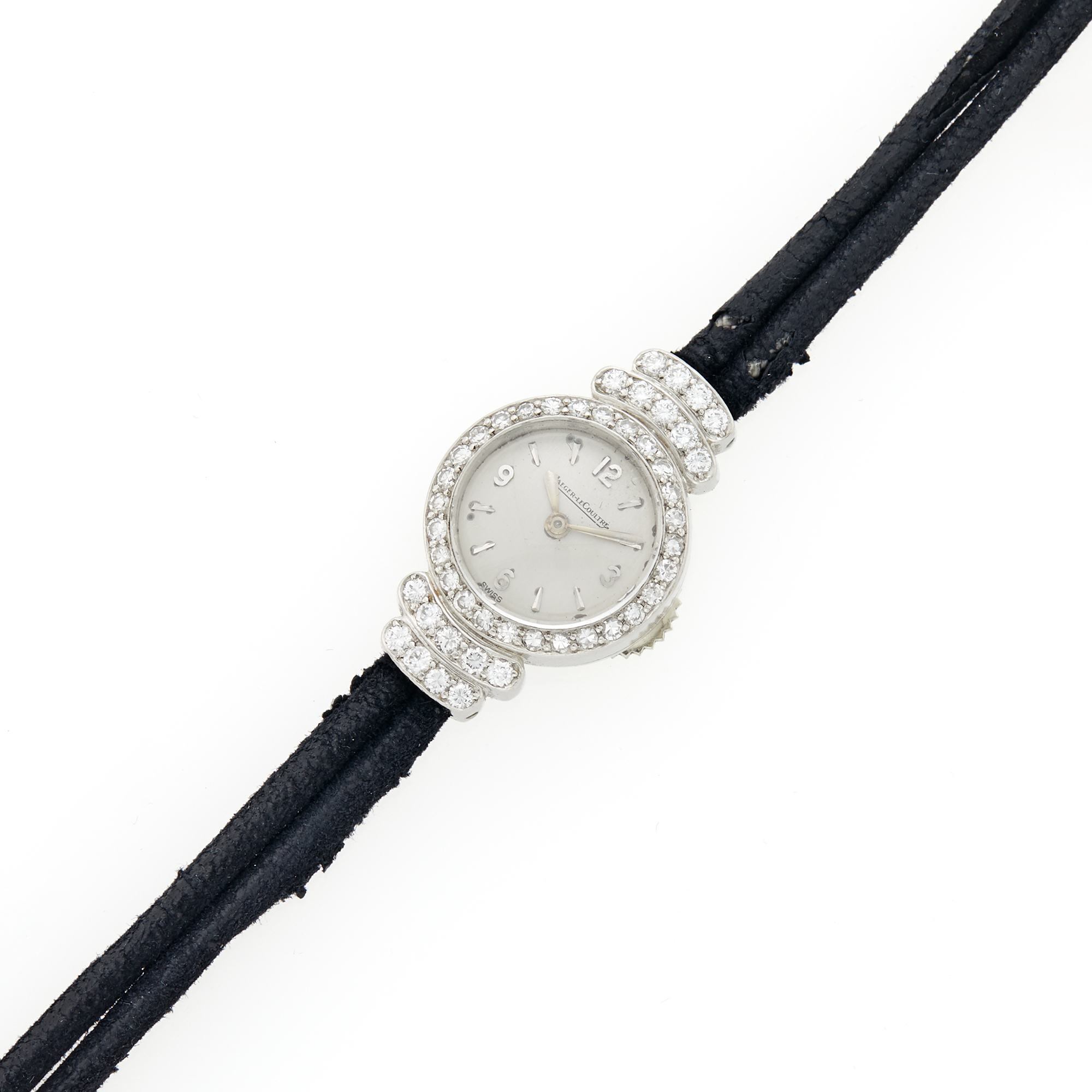 Lot image - Jaeger LeCoultre Platinum and Diamond Wristwatch, France with Double Strand Black Cord Strap