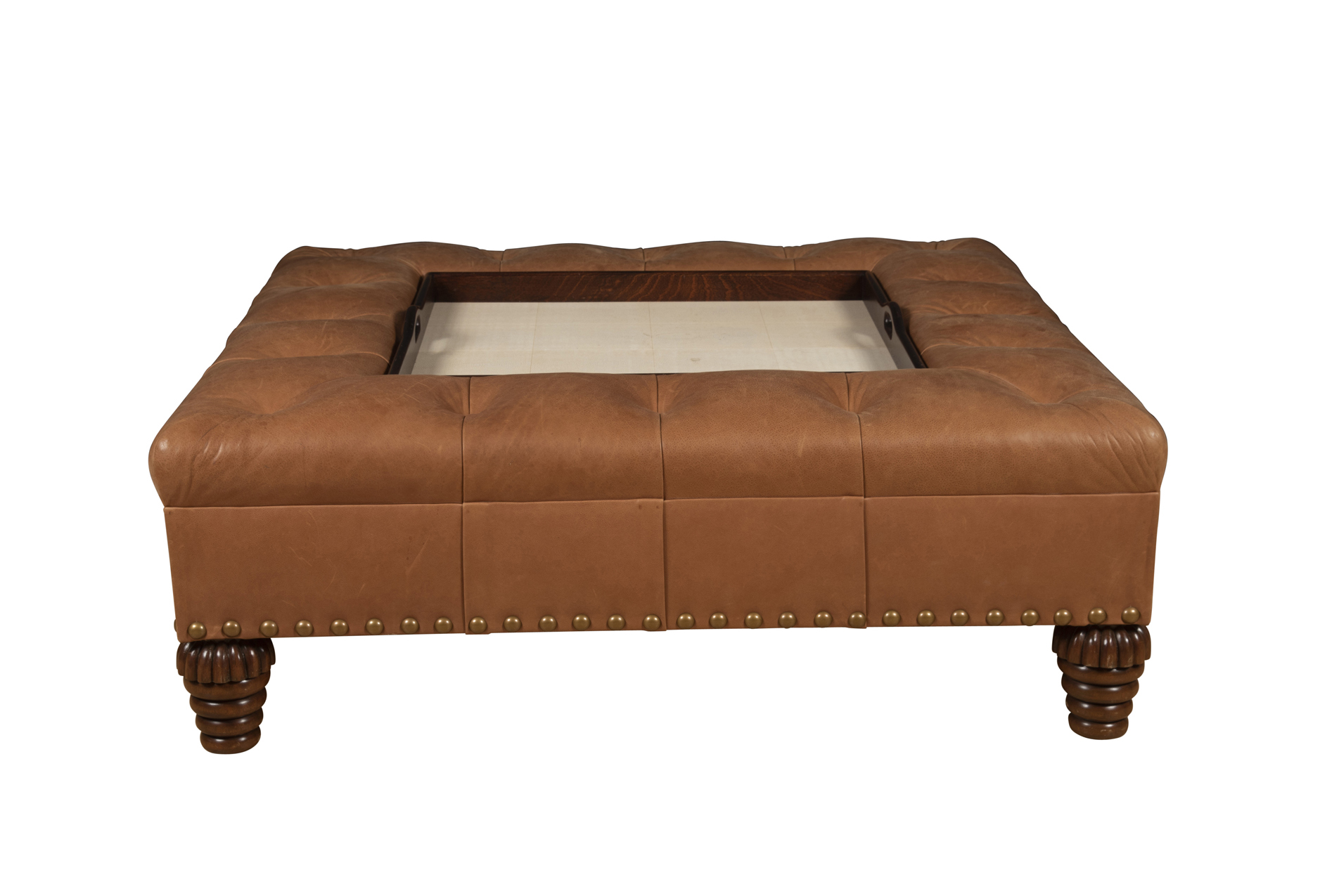 Lot image - Leather Upholstered Ottoman with Inset Stained Wood and Shagreen Tray Top