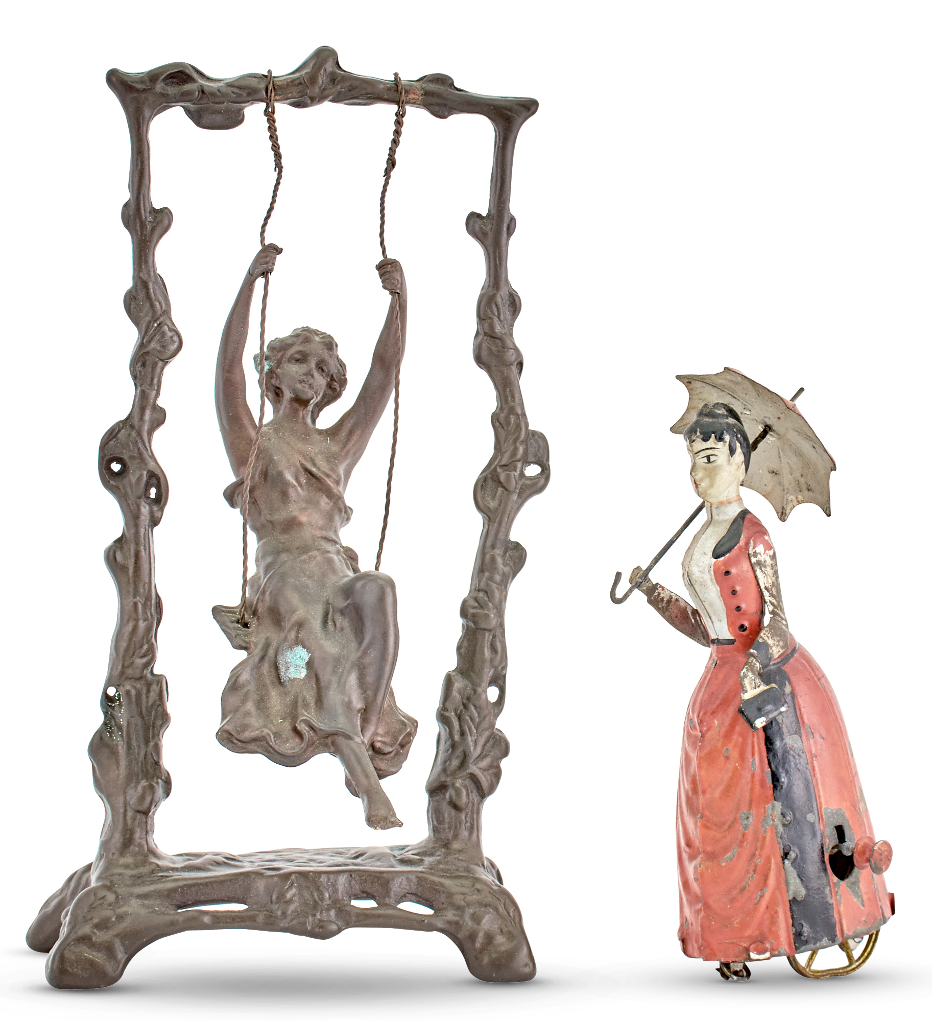 Lot image - Painted Tin Mechanical Figure of a Woman with an Umbrella