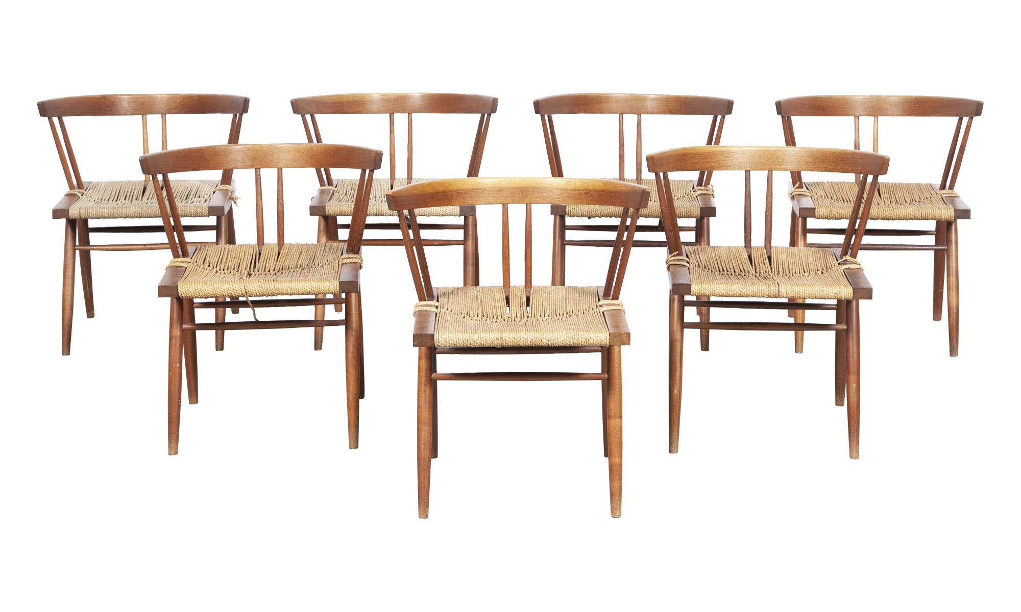 Lot image - Set of Seven George Nakashima Walnut Grass-Seated Dining Chairs