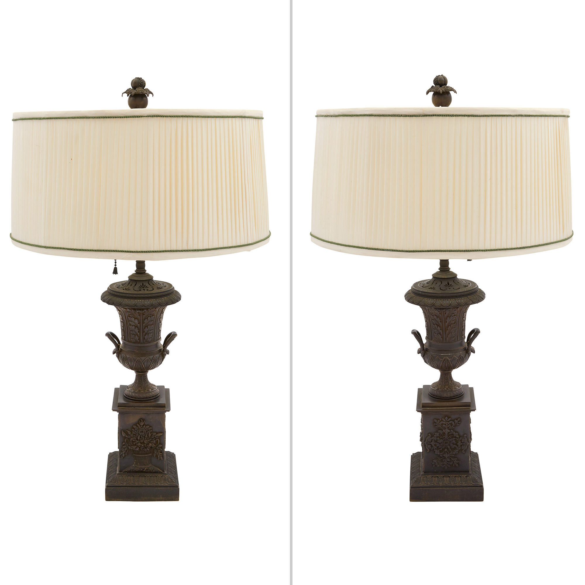 Lot image - Pair of Continental Patinated Bronze Urn-Form Lamps