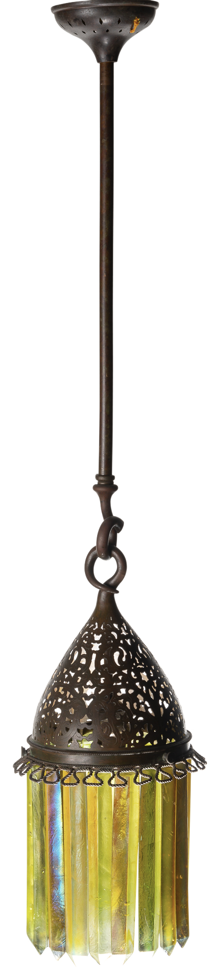 Lot image - Tiffany Studios Bronze, Patinated Metal and Gold Favrile Glass Hanging Light Fixture