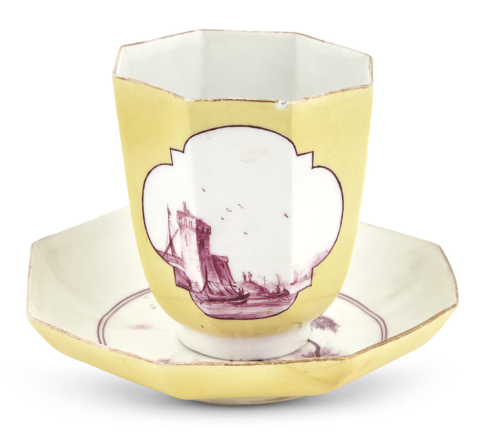 Lot image - Meissen Porcelain Yellow-Ground Octagonal Beaker and Saucer