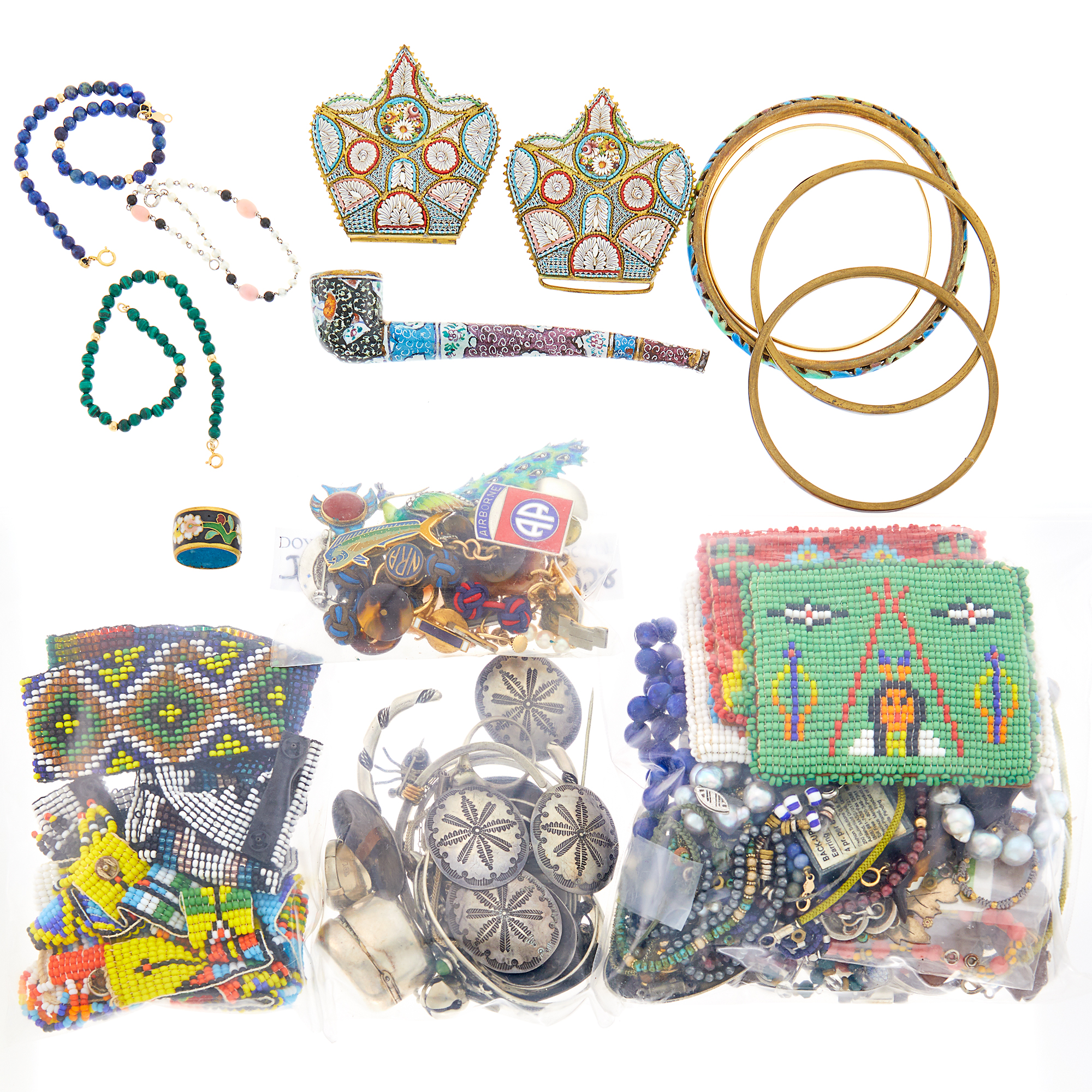 Lot image - Group of Silver, Metal, Enamel, Hardstone, Bead and Costume Jewelry and Fragments