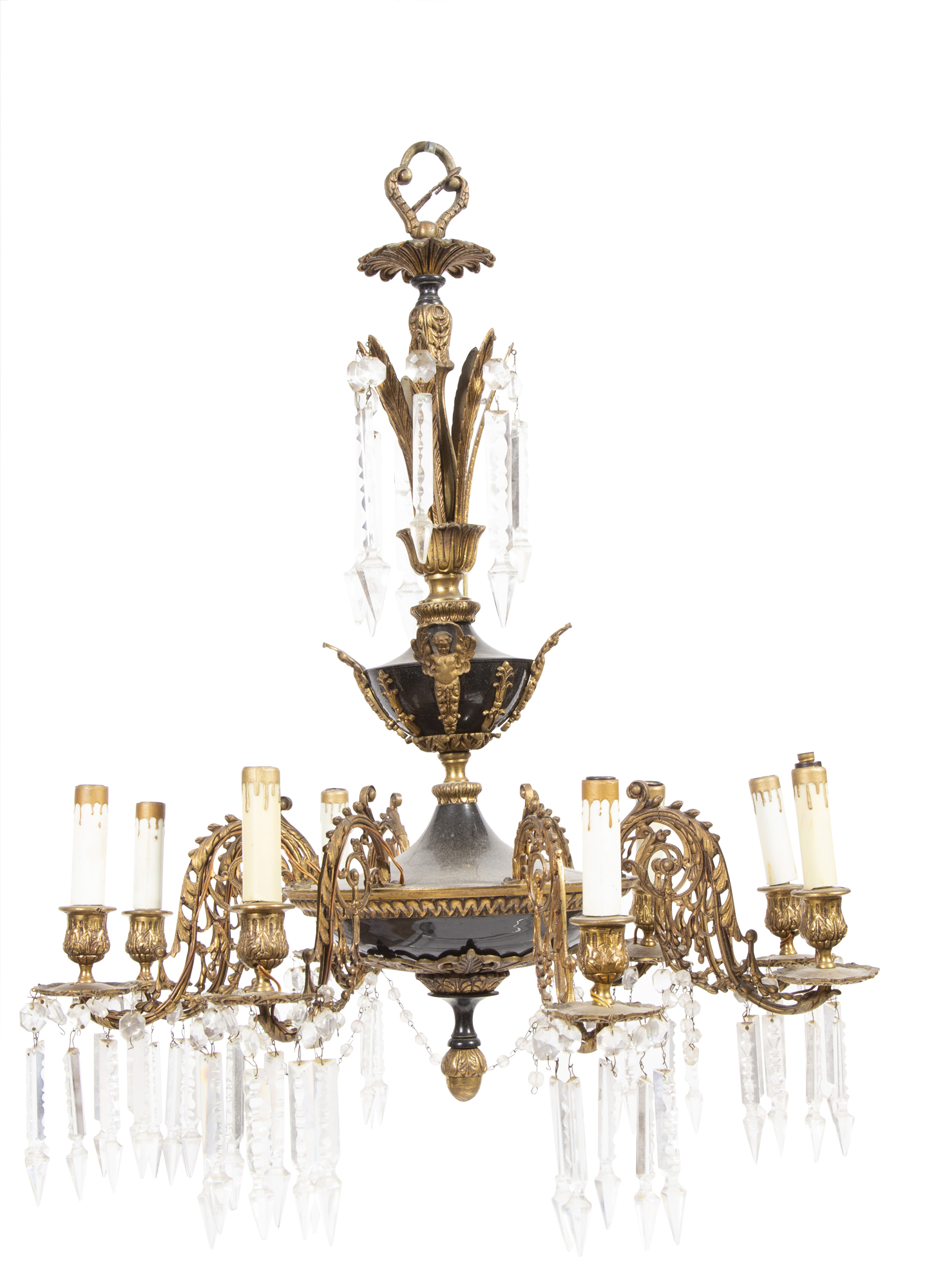 Lot image - Empire Style Gilt and Black-Patinated Metal Eight-Light Chandelier