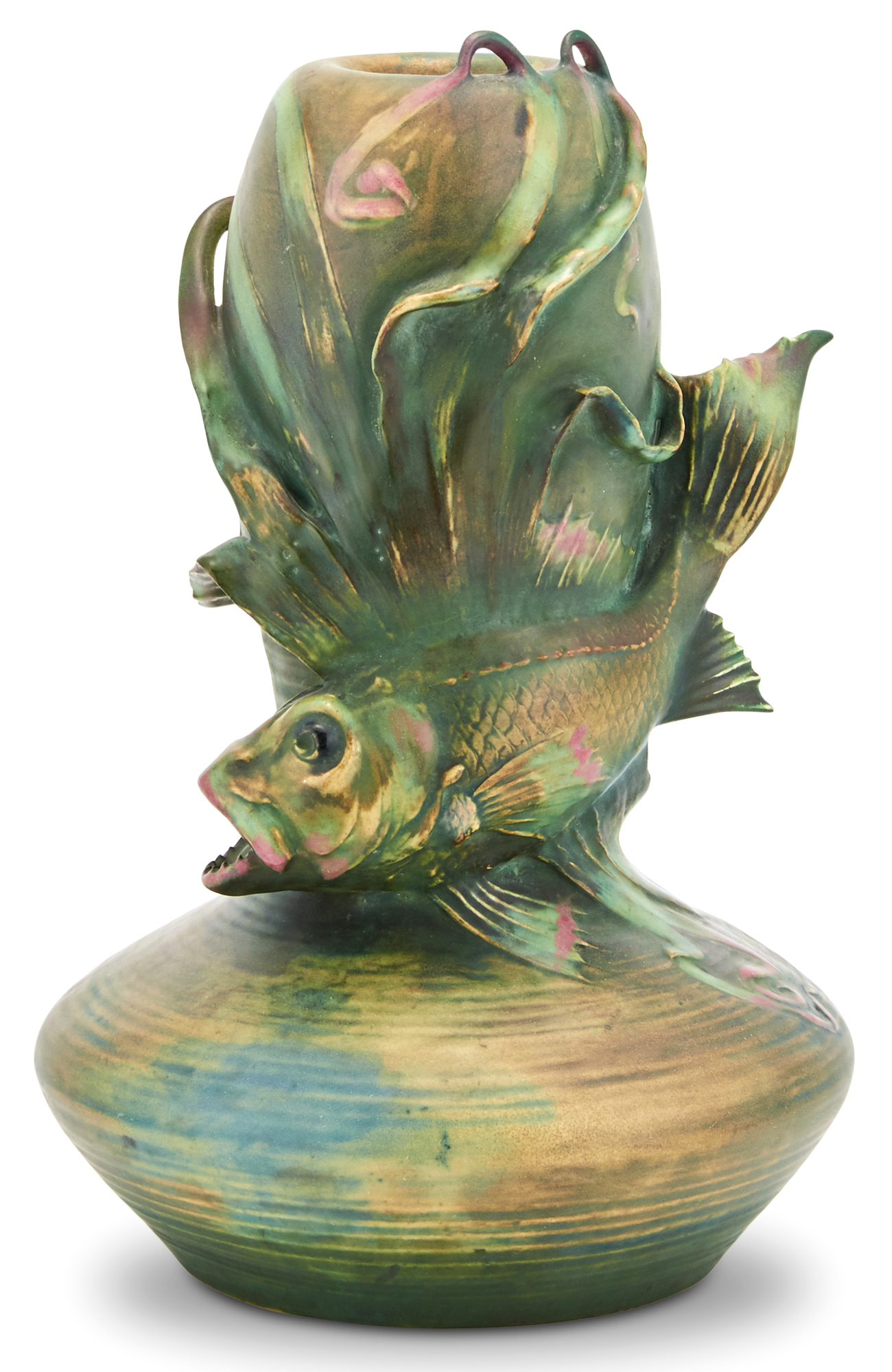 Lot image - Riessner, Stellmacher & Kessel Amphora Pottery Co. Art Nouveau Earthenware Exotic Fish Vase