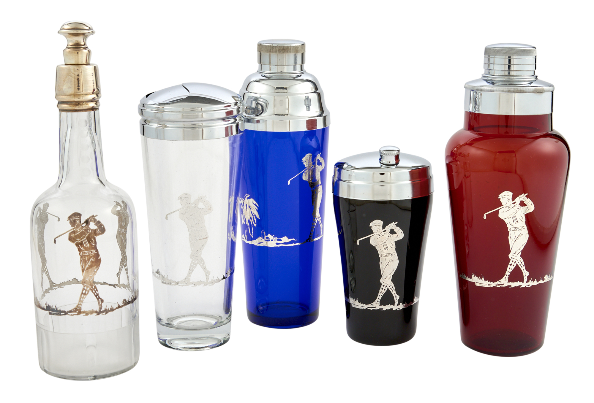 Lot image - Group of Five Silver Overlay Glass Golf Theme Cocktail Shakers and Decanters