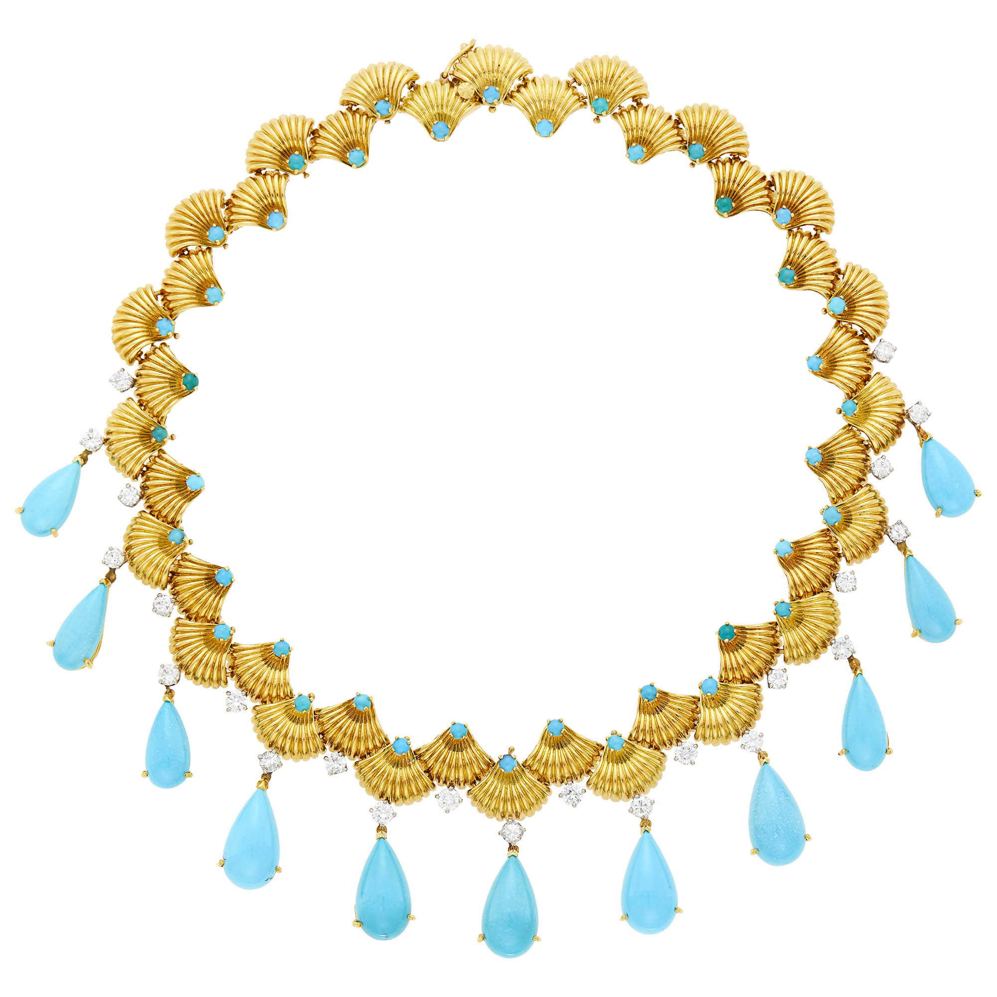 Lot image - Gold, Platinum, Turquoise and Diamond Fringe Necklace